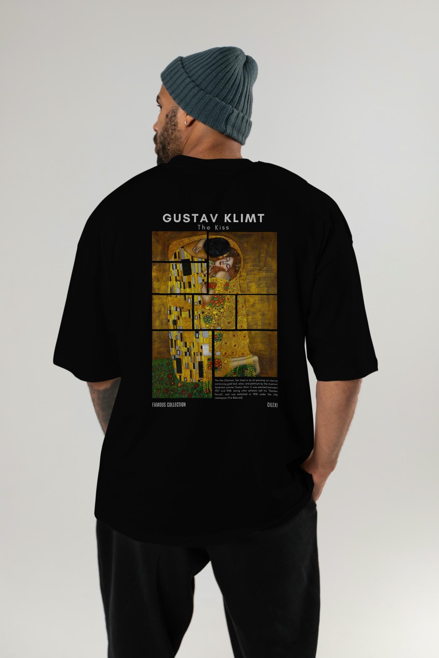 Gustav Klimt The Kiss Arka Baskılı Oversize t-shirt Erkek Kadın Bisiklet Yaka Pamuk tişort