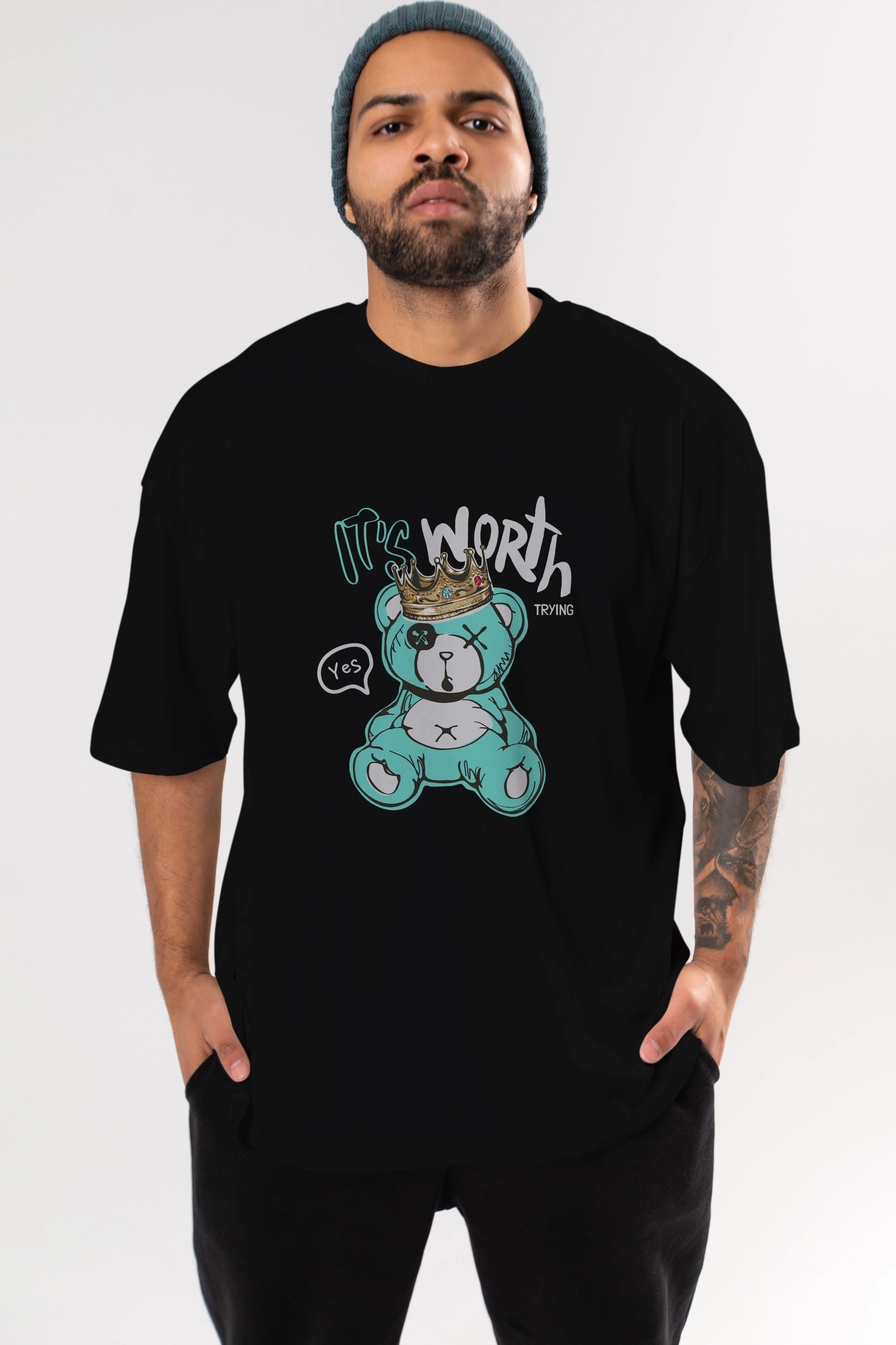 its Worth Trying Bear Ön Baskılı Oversize t-shirt Erkek Kadın Unisex