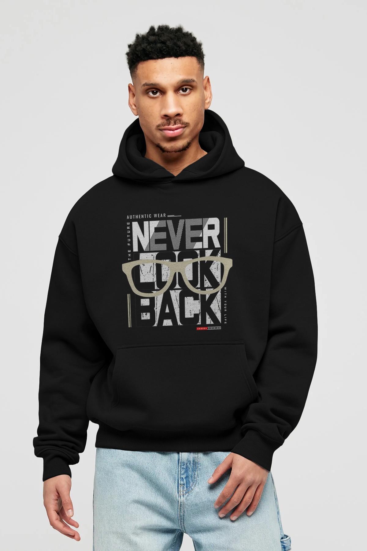 Never Look Back Ön Baskılı Hoodie Oversize Kapüşonlu Sweatshirt Erkek Kadın Unisex
