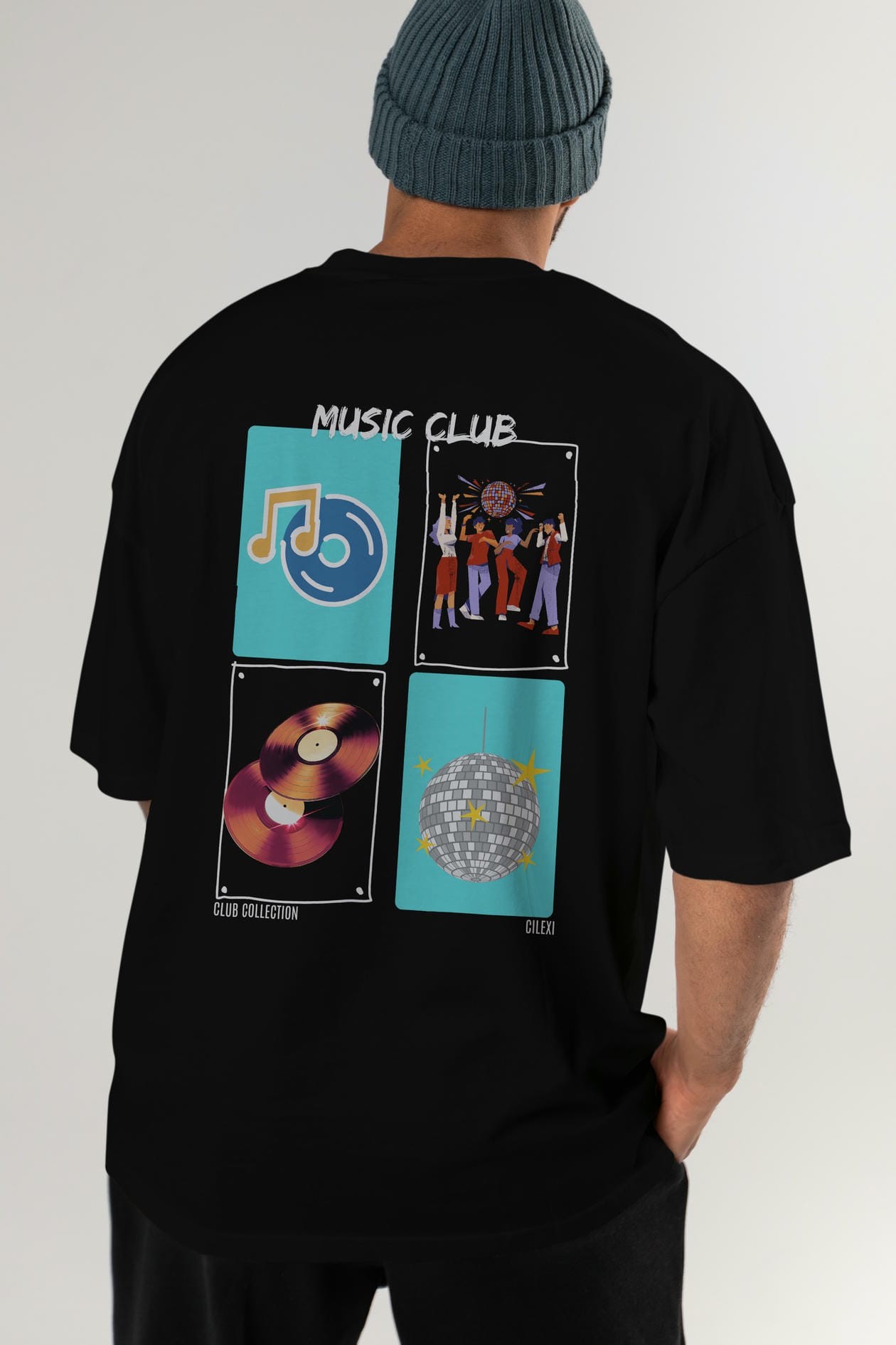 Music Club Arka Baskılı Oversize t-shirt Erkek Kadın %100 Pamuk Bisiklet Yaka tişort