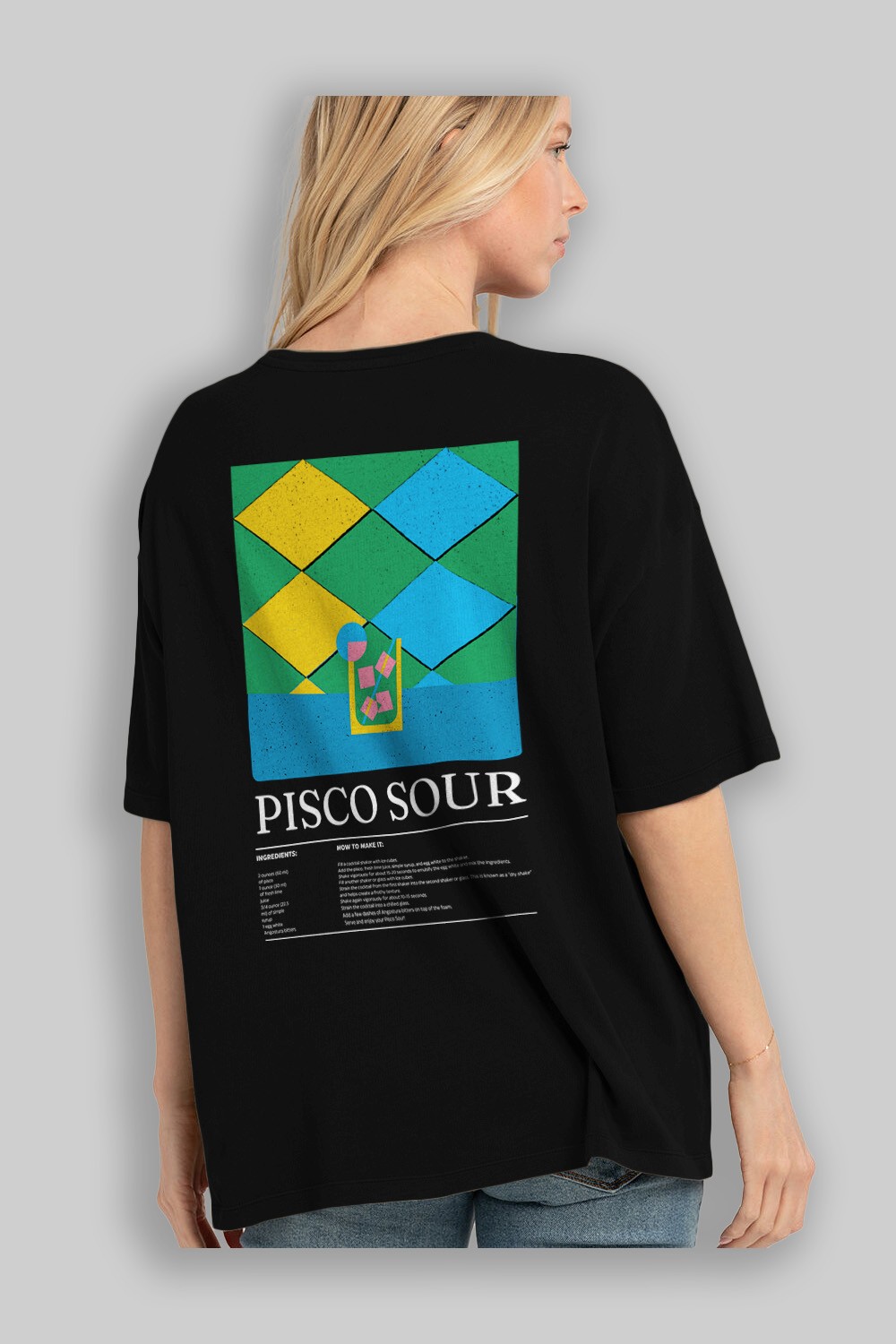 Pisco Sour Kokteyl Serisi Arka Baskılı Oversize t-shirt Erkek Kadın %100 Pamuk Bisiklet Yaka tişort