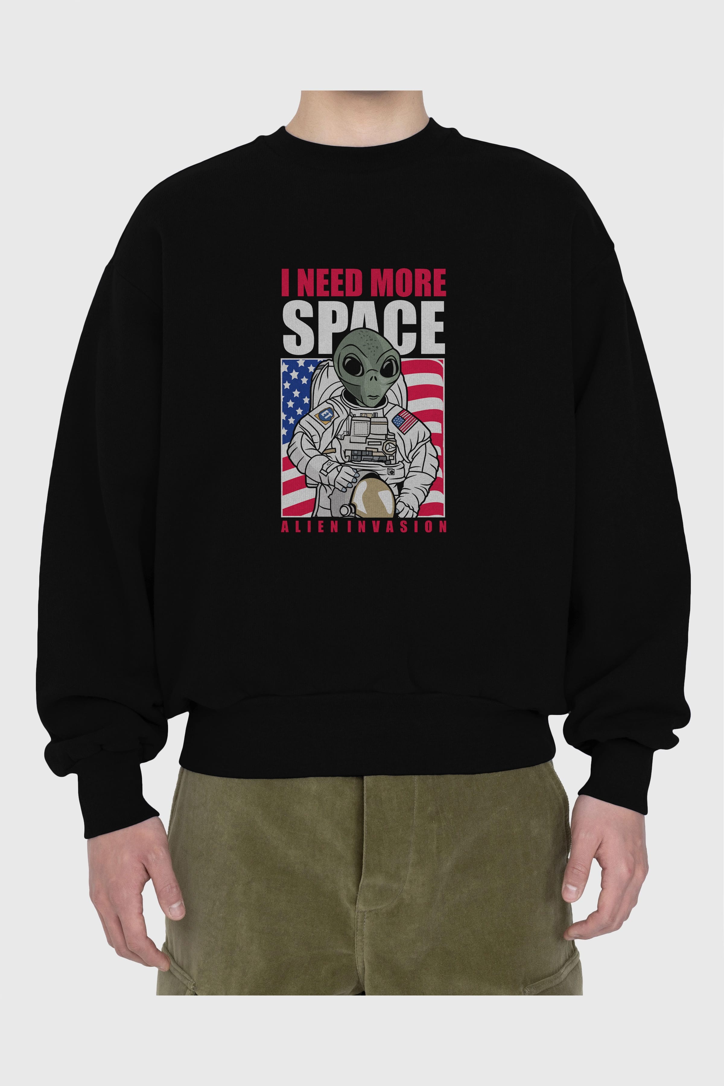 Alien Astronaut Ön Baskılı Oversize Sweatshirt Erkek Kadın Unisex