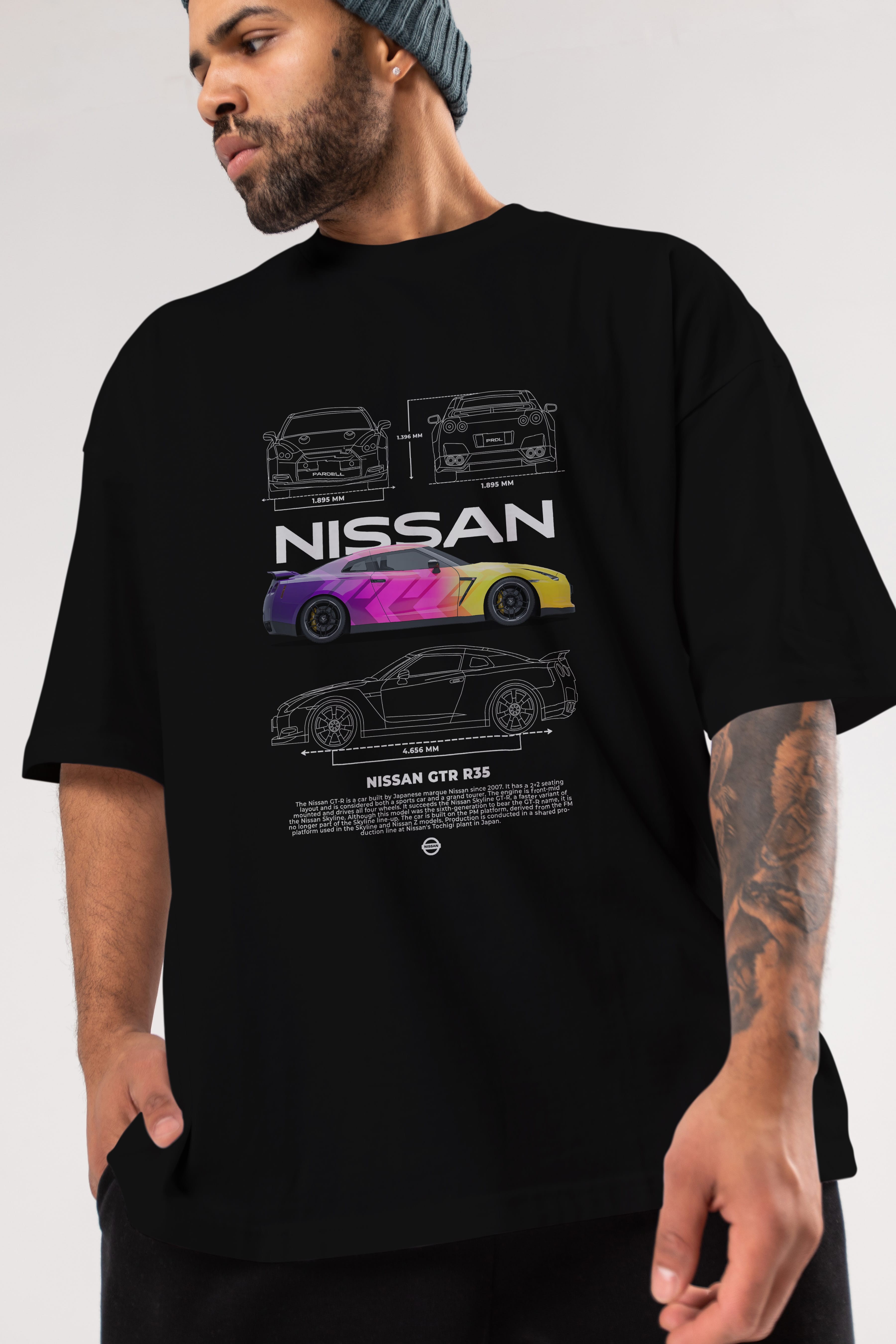 NISSAN GTR R35 Ön Baskılı Oversize t-shirt Erkek Kadın Unisex %100 Pamuk Bisiklet Yaka tişort