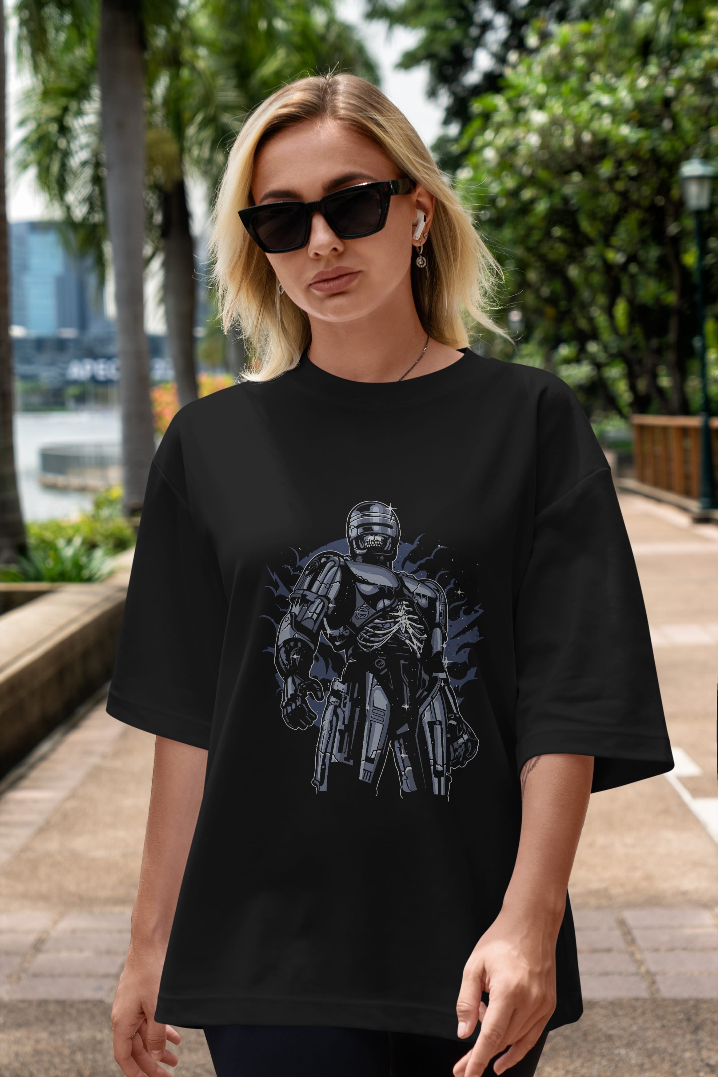 Roboskull Ön Baskılı Oversize t-shirt Erkek Kadın Unisex %100 Pamuk tişort