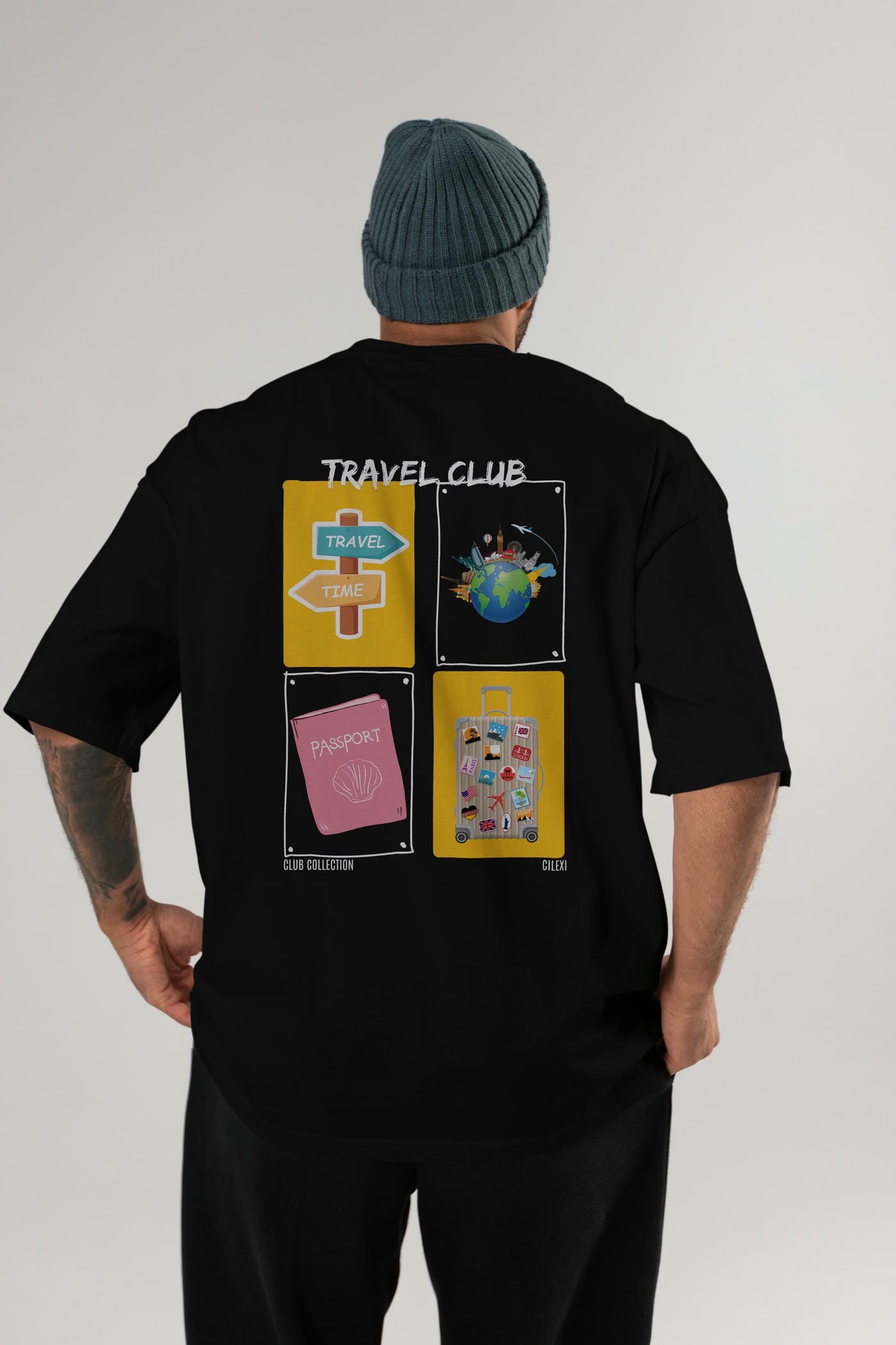 Travel Club Arka Baskılı Oversize t-shirt Erkek Kadın %100 Pamuk Bisiklet Yaka tişort
