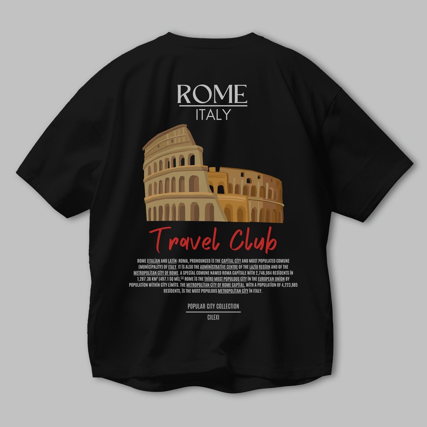 Roma İtaly Arka Baskılı Oversize t-shirt Erkek Kadın Pamuk Bisiklet Yaka tişort