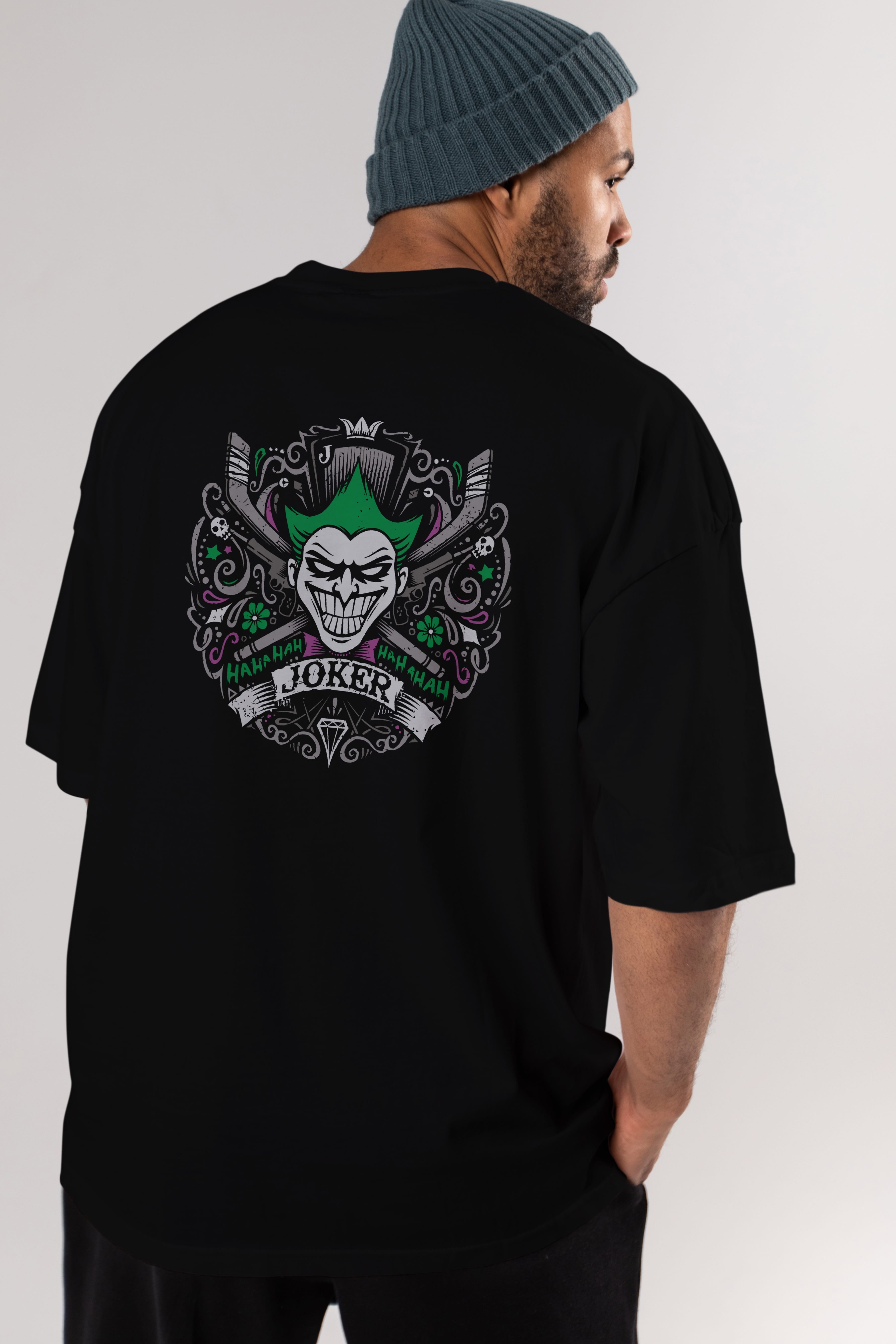 Joker (2) Arka Baskılı Oversize t-shirt Erkek Kadın Unisex %100 Pamuk Bisiklet Yaka tişort