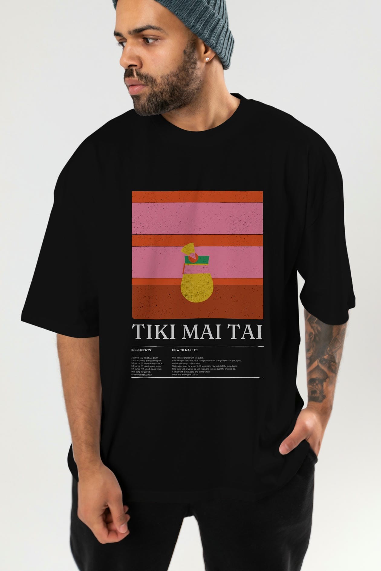 Tiki Mai Tai Kokteyl Ön Baskılı Oversize t-shirt Erkek Kadın %100 Pamuk Bisiklet Yaka tişort