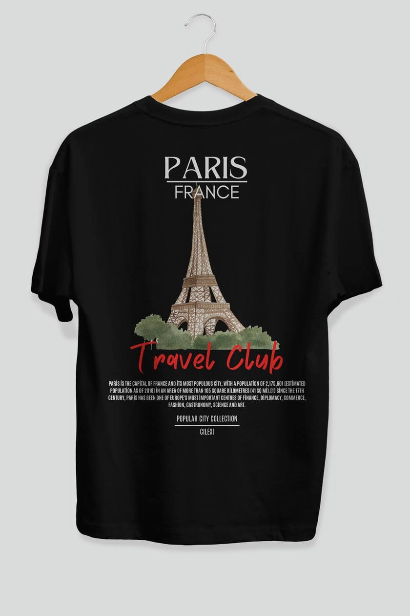 Paris France Arka Baskılı Oversize t-shirt Erkek Kadın Pamuk Bisiklet Yaka tişort