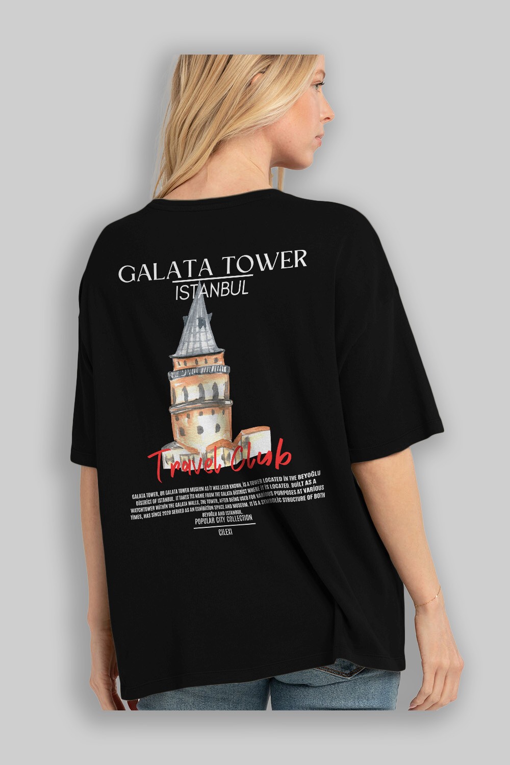 Galata Tower İstanbul Arka Baskılı Oversize t-shirt Erkek Kadın Pamuk Bisiklet Yaka tişort