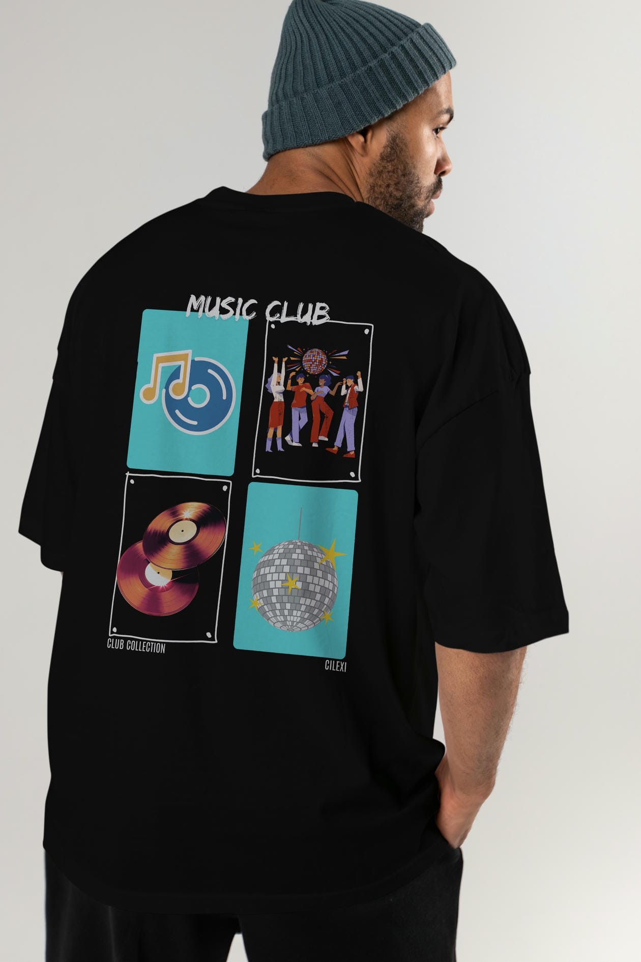 Music Club Arka Baskılı Oversize t-shirt Erkek Kadın %100 Pamuk Bisiklet Yaka tişort