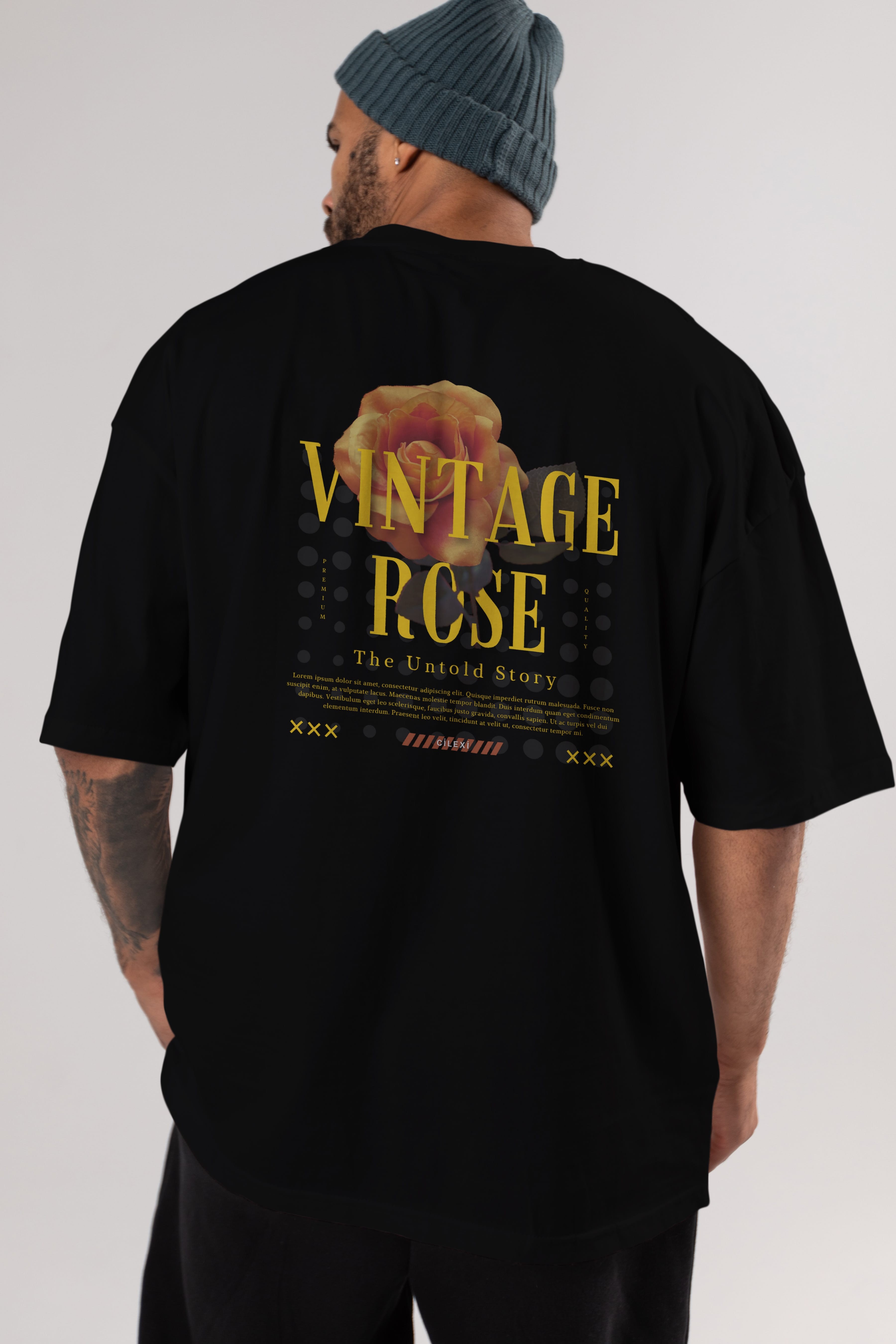 Vintage Rose Yazılı Arka Baskılı Oversize t-shirt Erkek Kadın Unisex