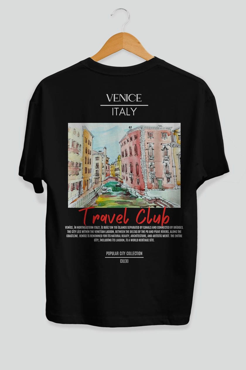 Venice İtaly Arka Baskılı Oversize t-shirt Erkek Kadın Pamuk Bisiklet Yaka tişort