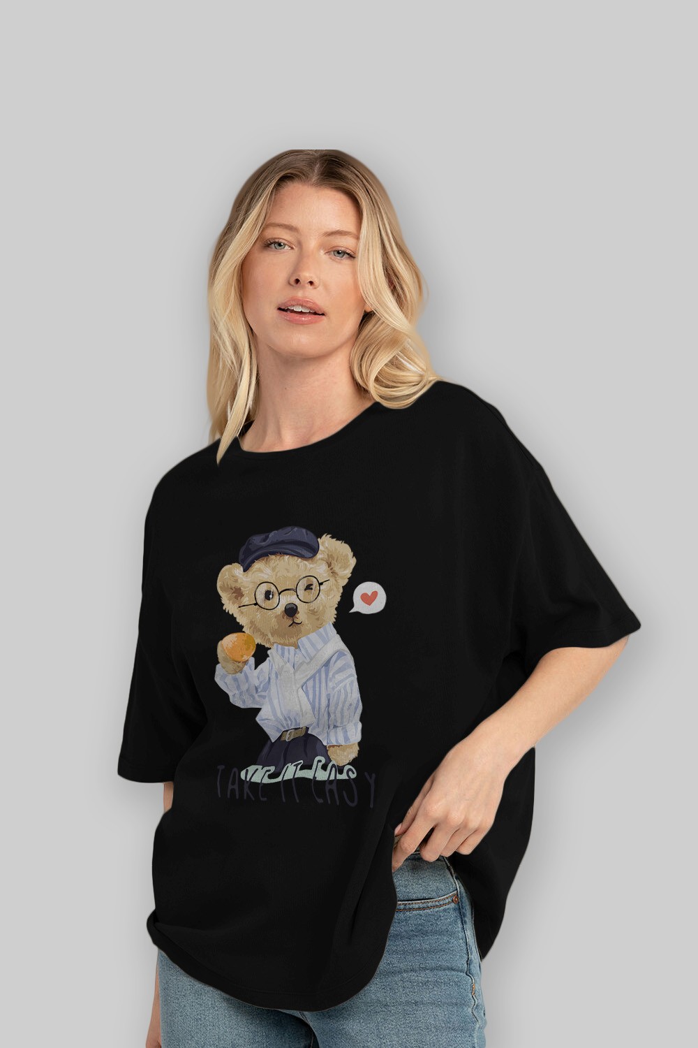 Teddy Bear Take it Easy Ön Baskılı Oversize t-shirt Erkek Kadın Unisex %100 Pamuk