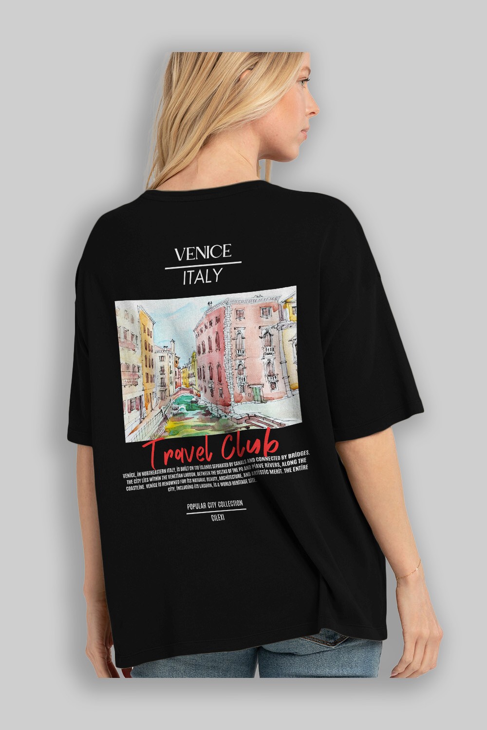 Venice İtaly Arka Baskılı Oversize t-shirt Erkek Kadın Pamuk Bisiklet Yaka tişort