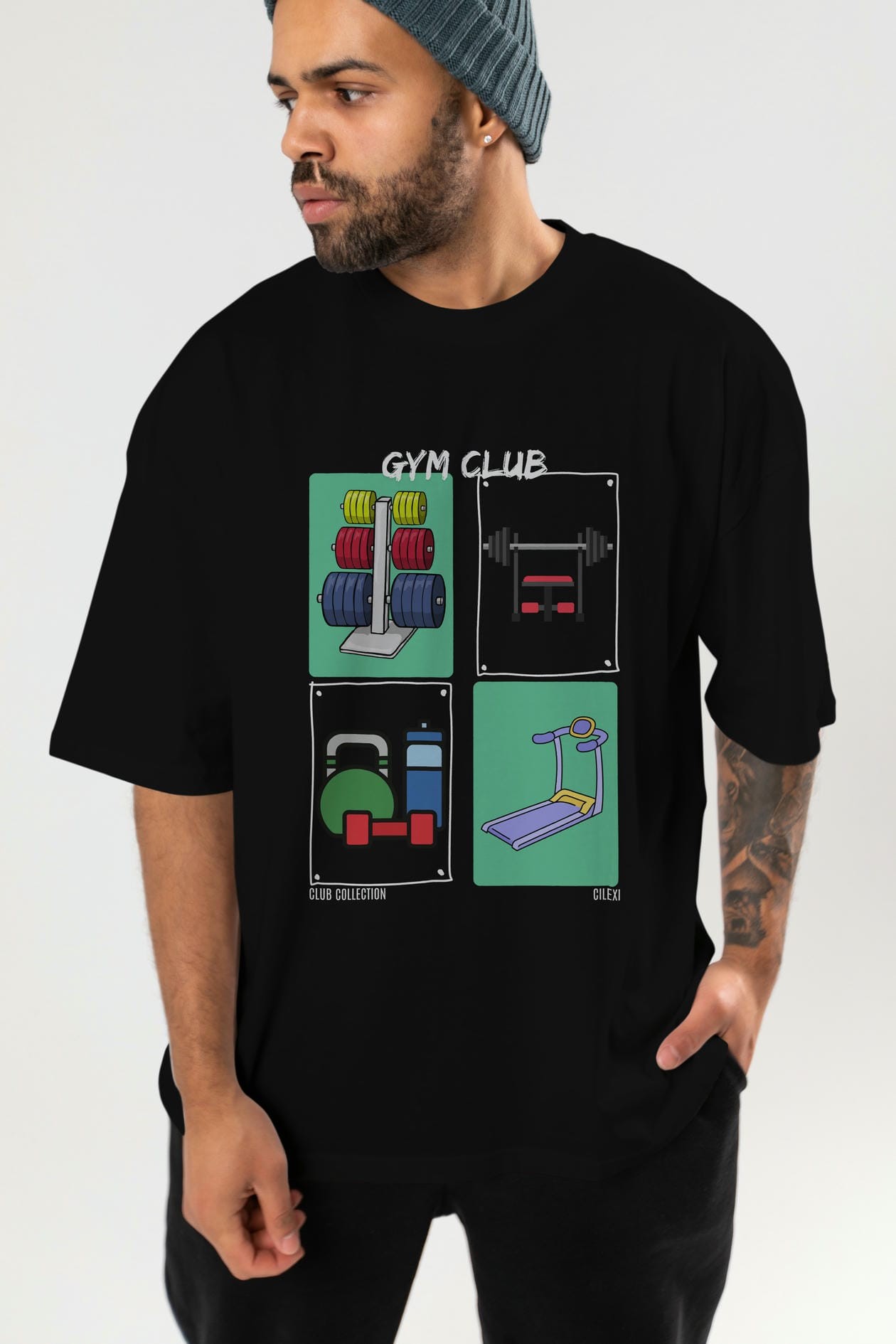 Gym Club ön Baskılı Oversize t-shirt Erkek Kadın %100 Pamuk Bisiklet Yaka tişort