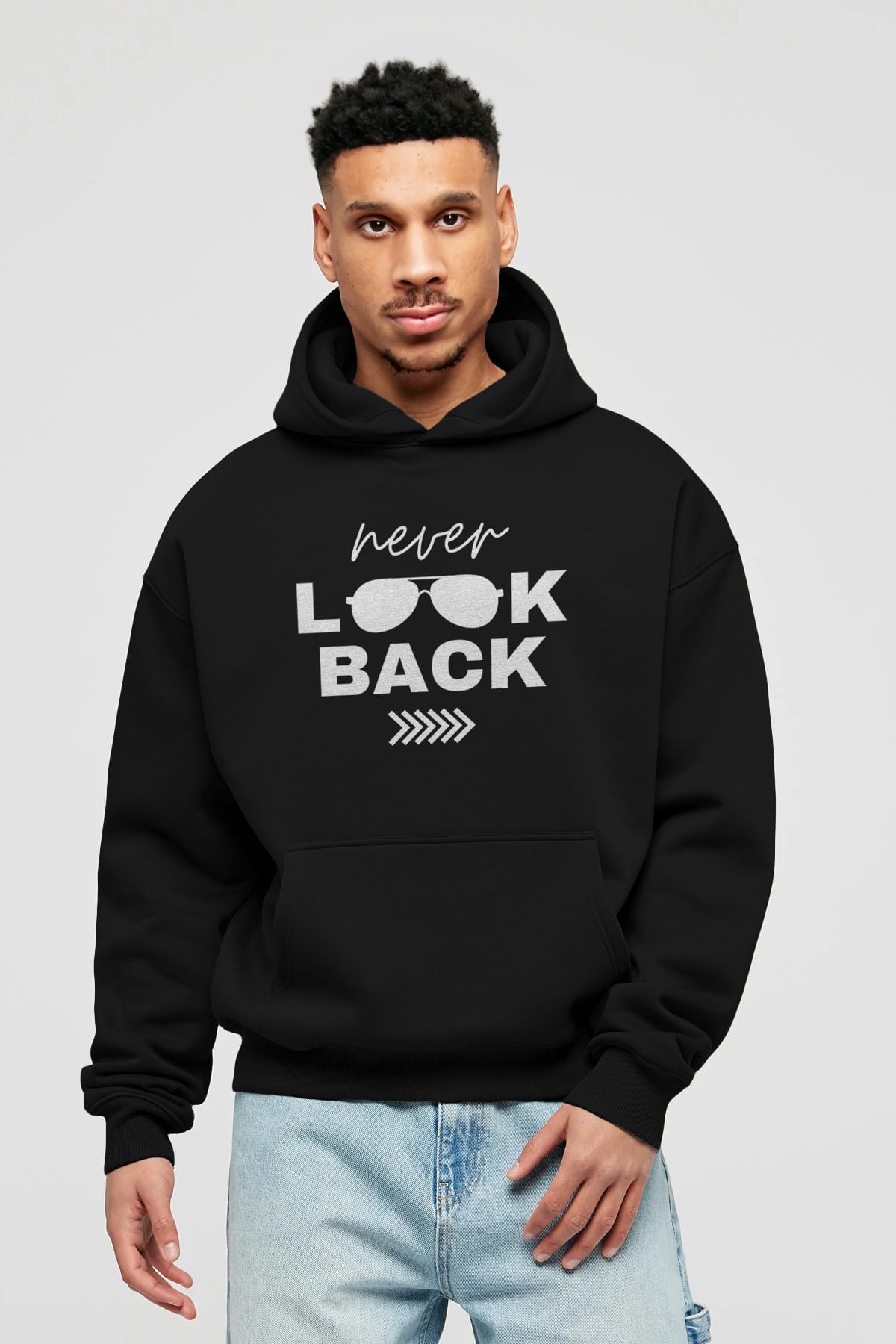 Never Look Back Yazılı Ön Baskılı Oversize Hoodie Kapüşonlu Sweatshirt Erkek Kadın Unisex