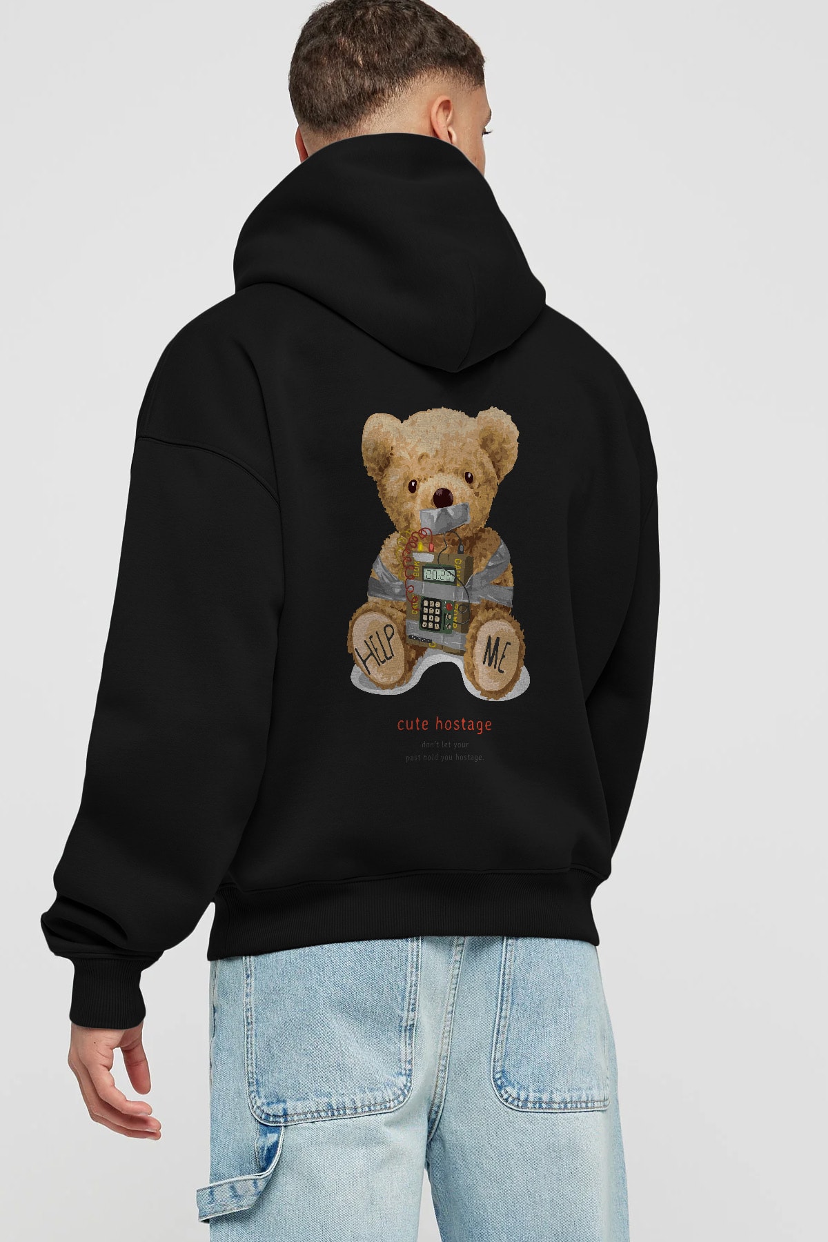Teddy Bear Help Me Arka Baskılı Hoodie Oversize Kapüşonlu Sweatshirt Erkek Kadın Unisex