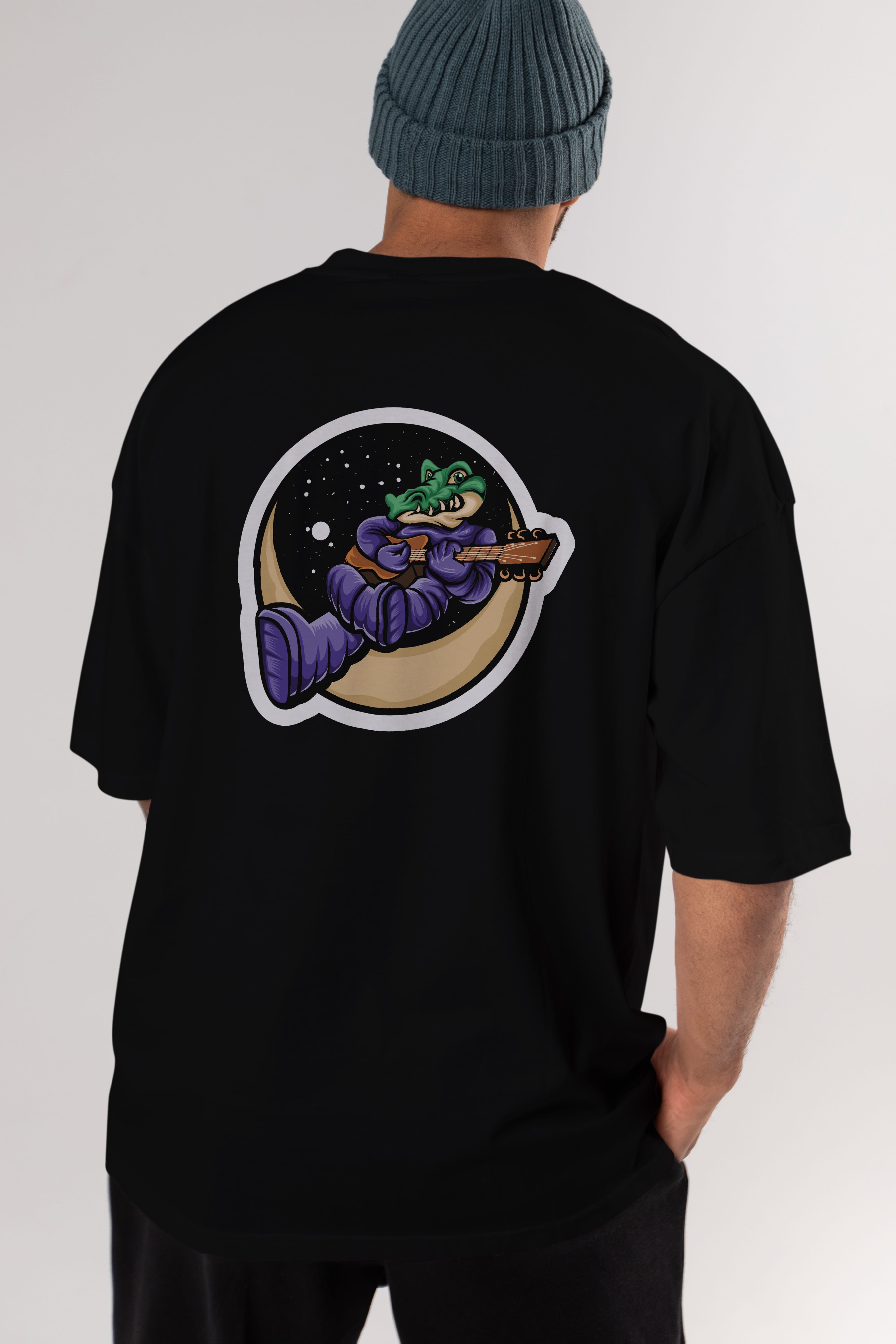 Space Crocodile Sticker Arka Baskılı Oversize t-shirt Erkek Kadın Unisex