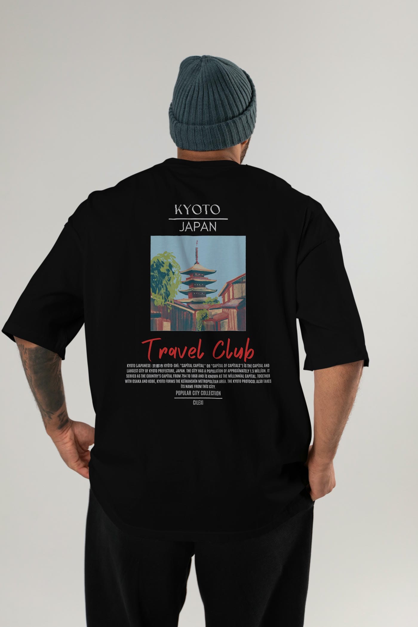 Kyoto Japan Arka Baskılı Oversize t-shirt Erkek Kadın Pamuk Bisiklet Yaka tişort