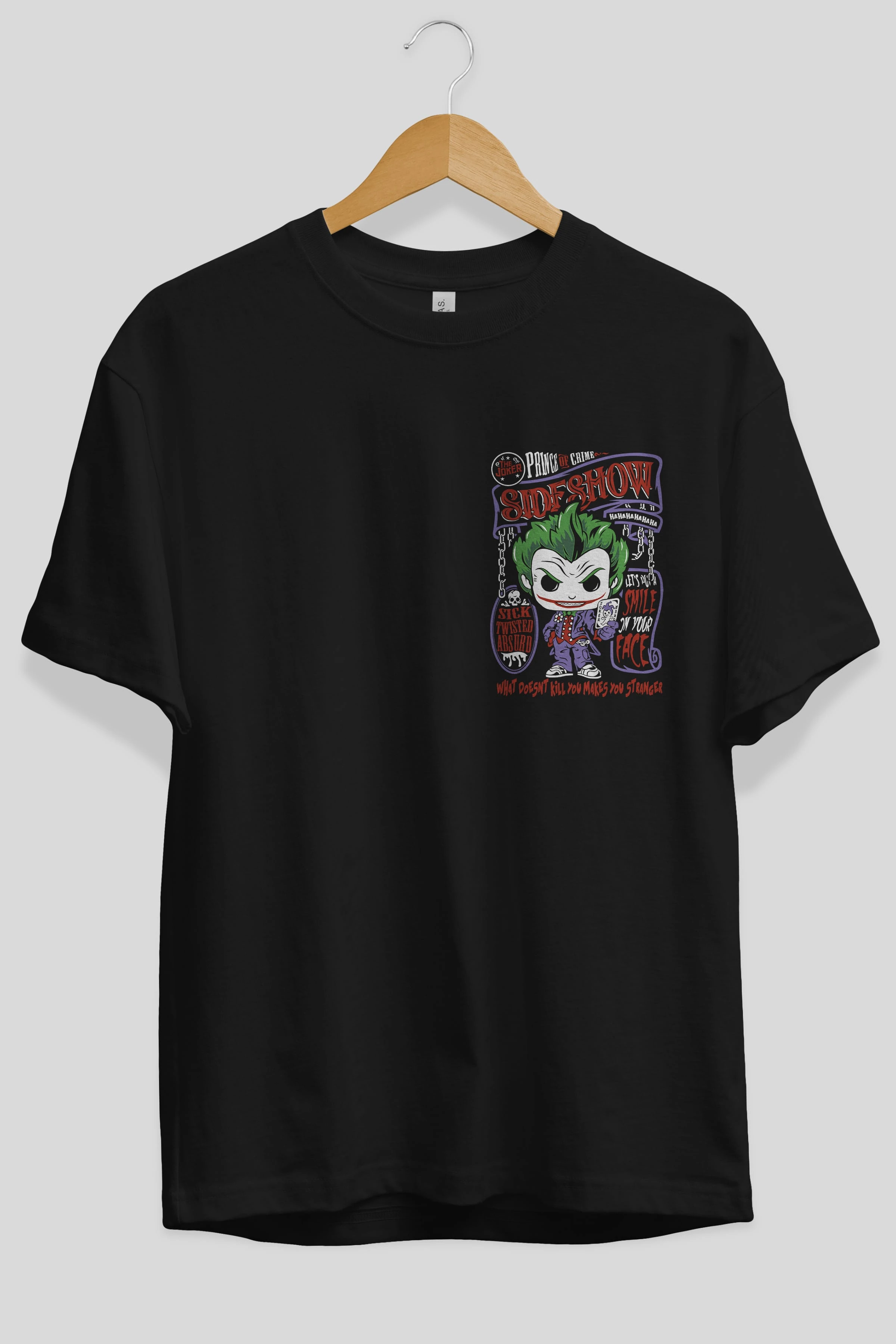Joker (4) Ön Sol Baskılı Oversize t-shirt Erkek Kadın Unisex %100 Pamuk Bisiklet Yaka tişort