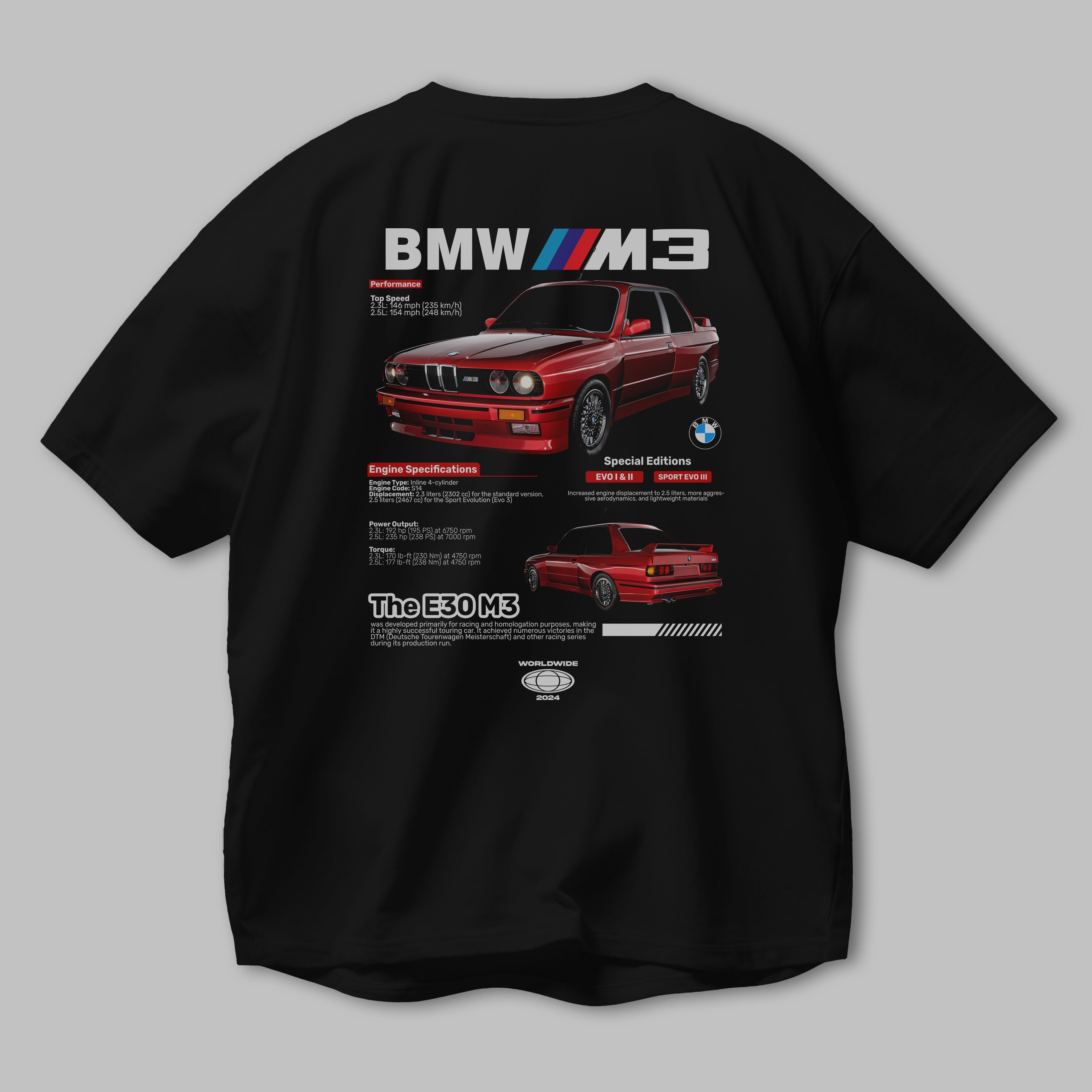 BMW E30 M3 Arka Baskılı Oversize t-shirt Erkek Kadın Unisex %100 Pamuk Bisiklet Yaka tişort