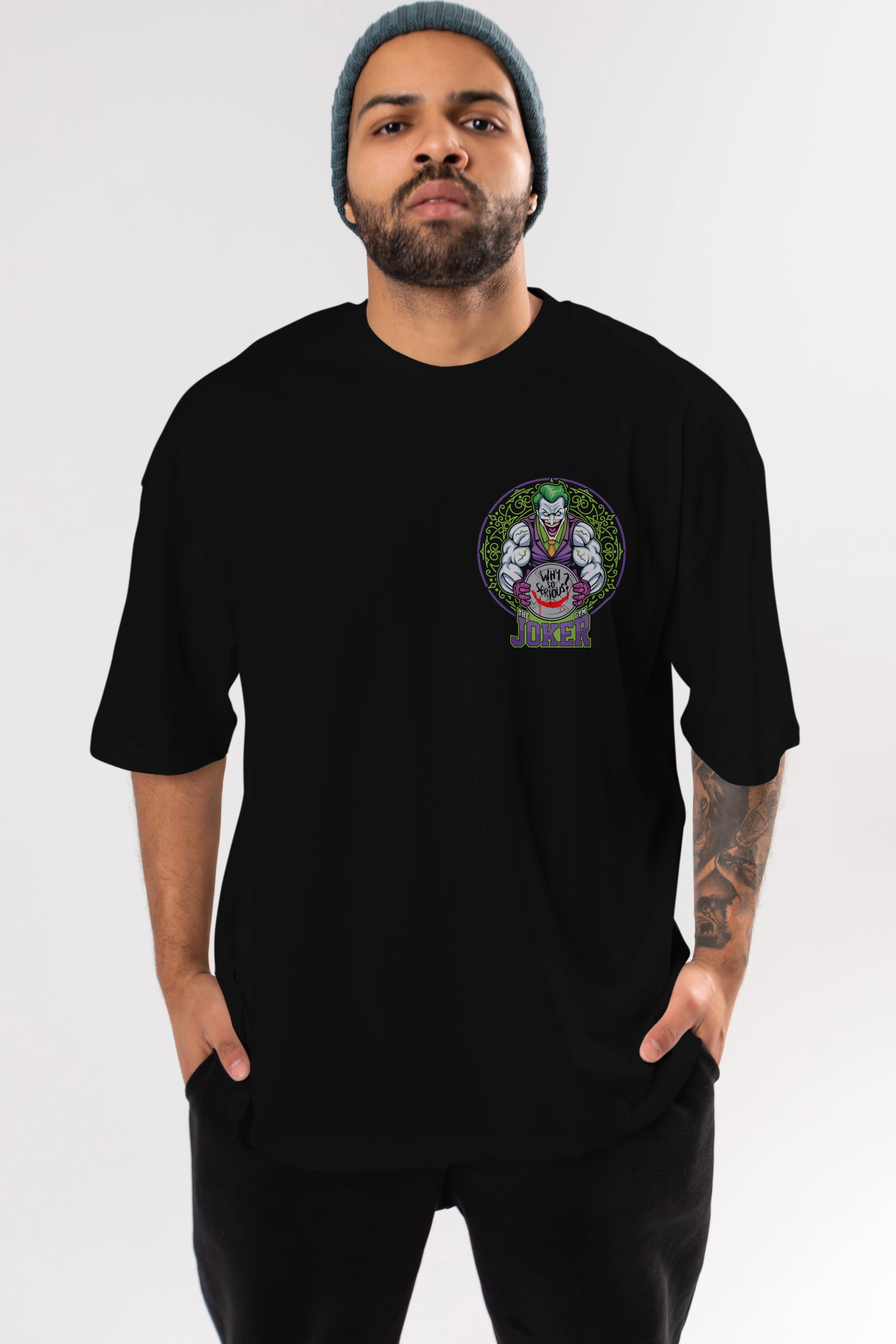 Joker GYM Ön Sol Baskılı Oversize t-shirt Erkek Kadın Unisex %100 Pamuk Bisiklet Yaka tişort