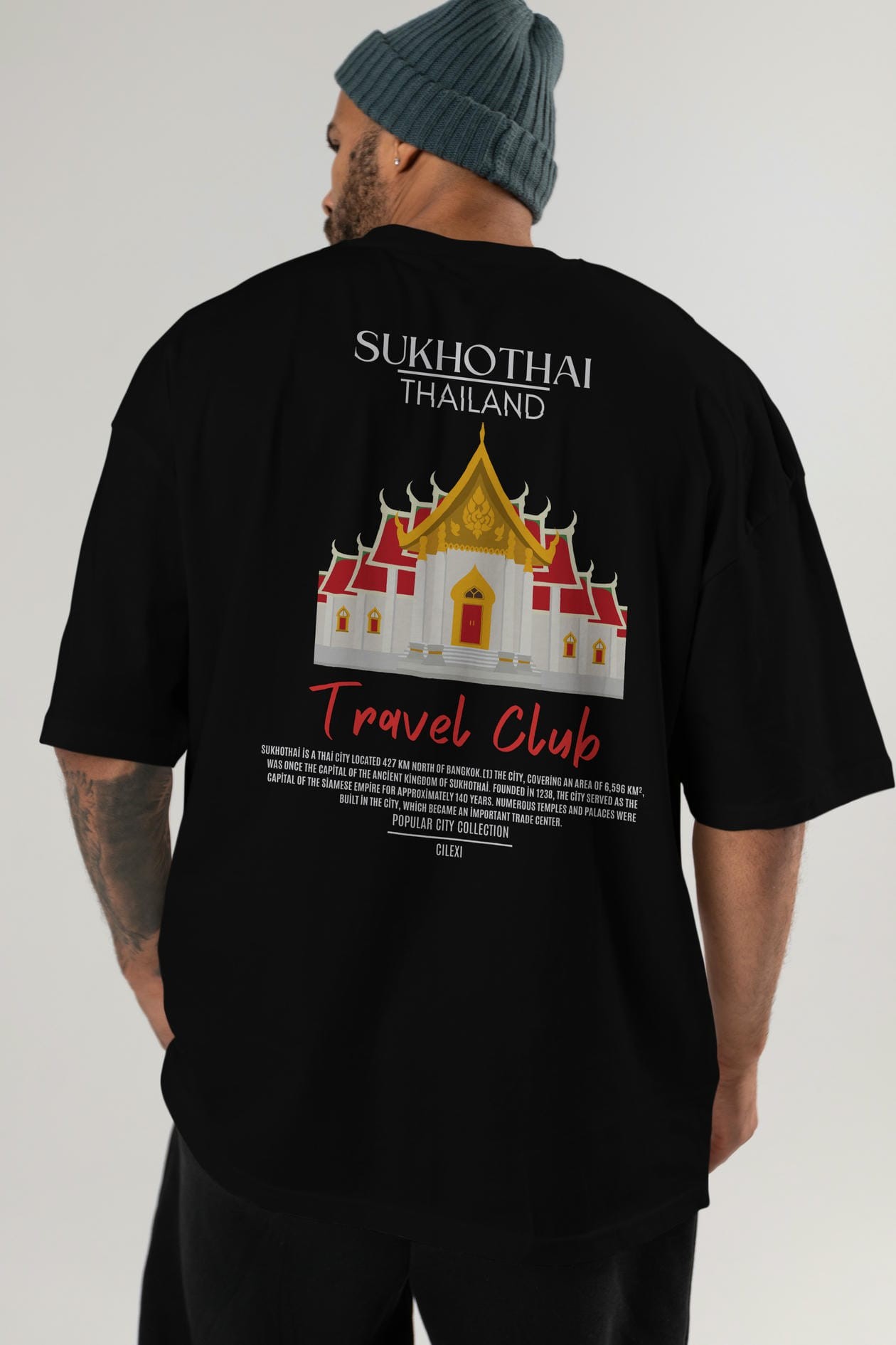 Sukhothai Thailand Arka Baskılı Oversize t-shirt Erkek Kadın Pamuk Bisiklet Yaka tişort