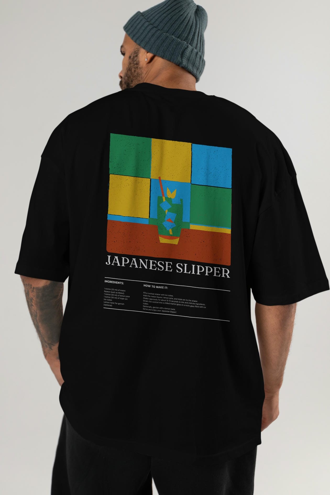 Japanese Slipper Kokteyl Serisi Arka Baskılı Oversize t-shirt Erkek Kadın %100 Pamuk Bisiklet Yaka tişort