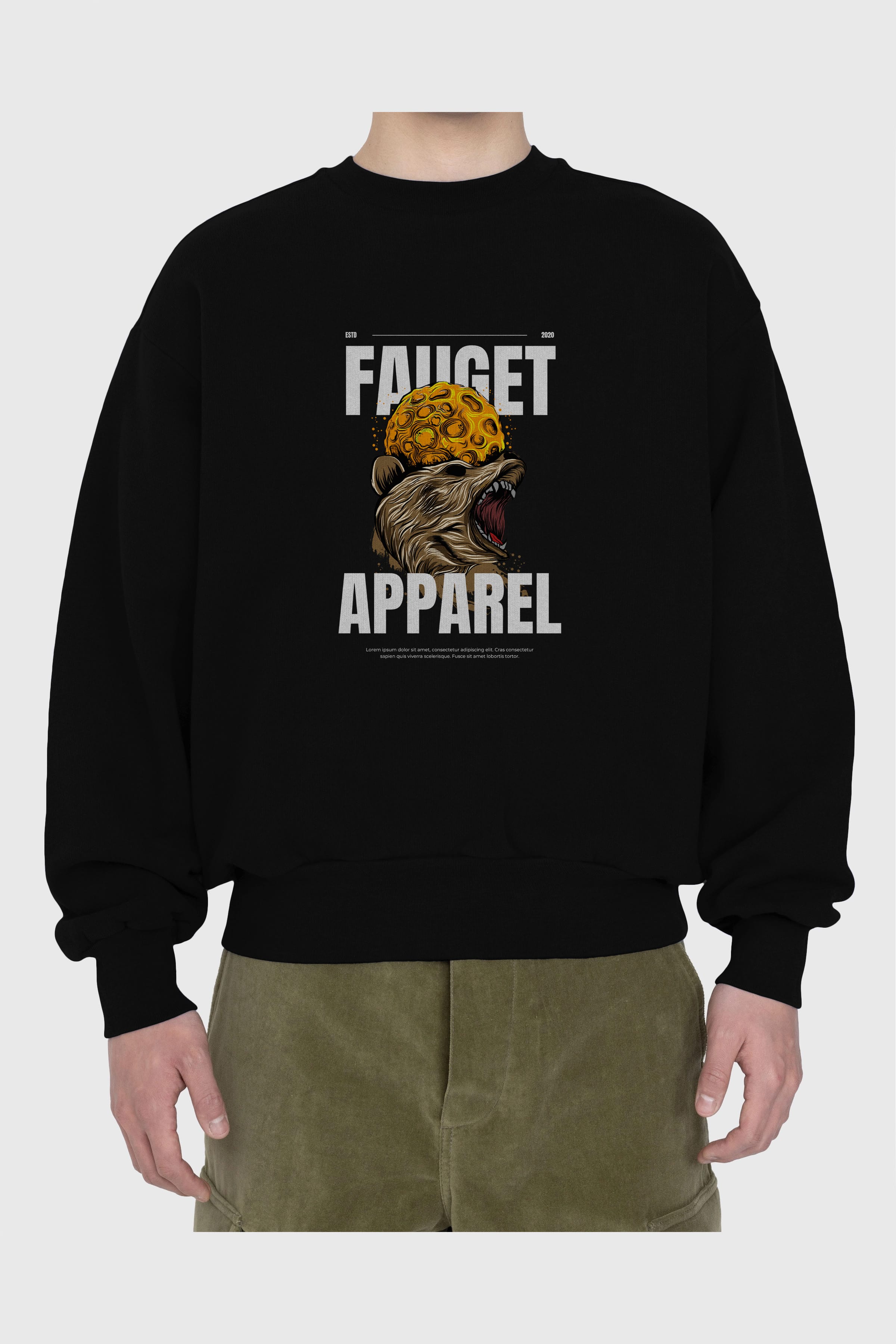 Bear Angry Fauget Apparel Ön Baskılı Oversize Sweatshirt Erkek Kadın Unisex
