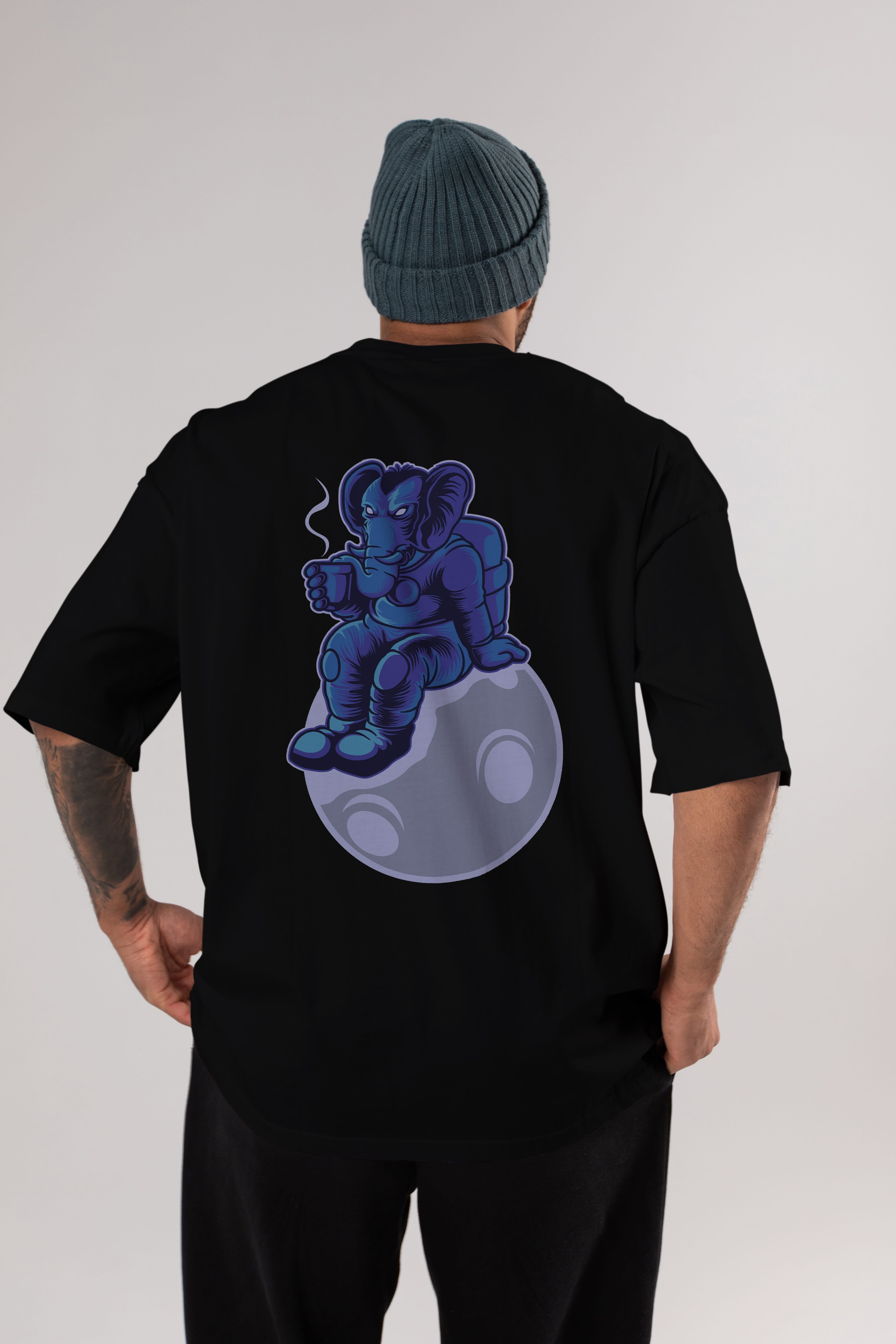 Space Elephant Drink Coffee Arka Baskılı Oversize t-shirt Erkek Kadın Unisex