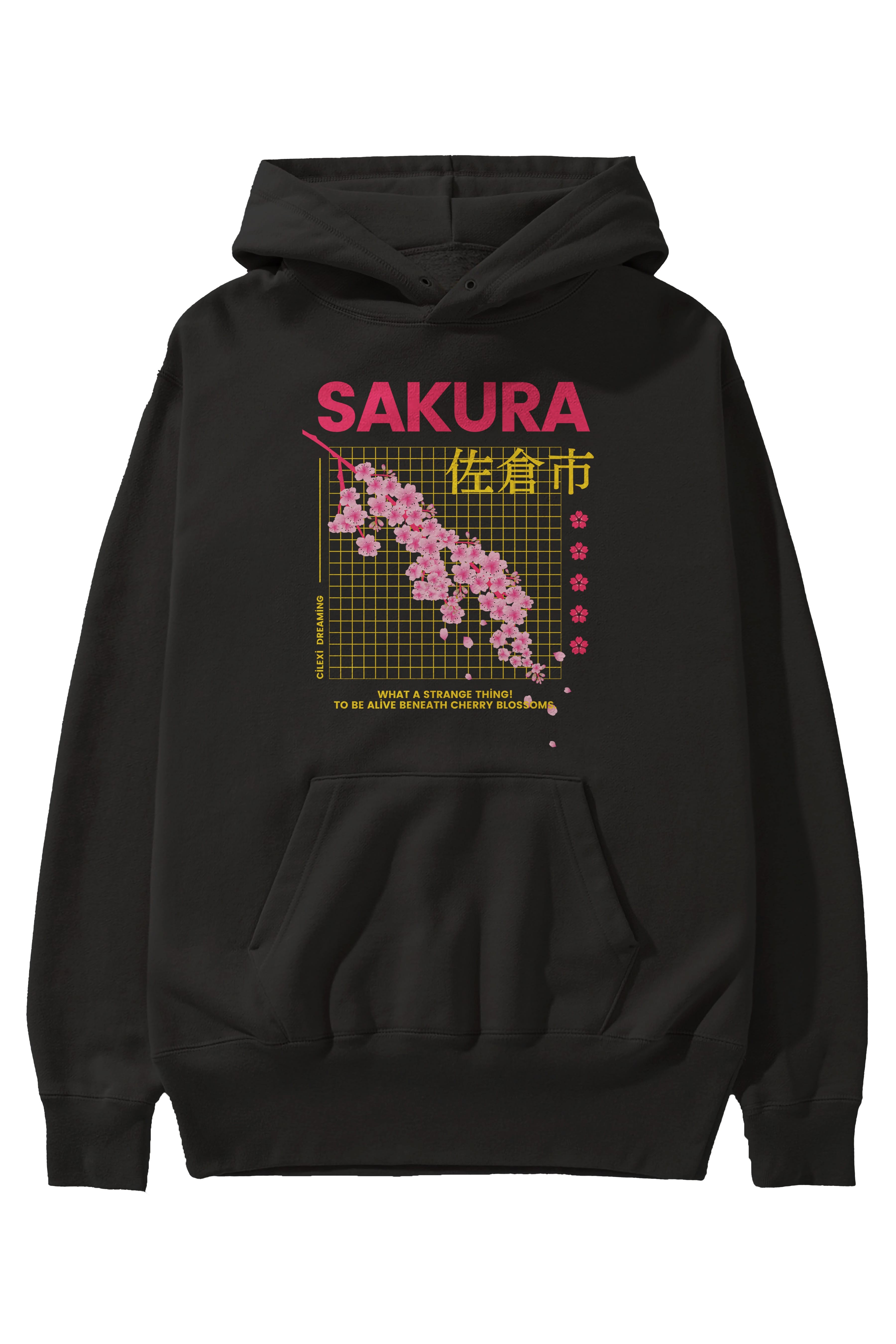 Sakura Streetwear Ön Baskılı Oversize Hoodie Kapüşonlu Sweatshirt Erkek Kadın Unisex