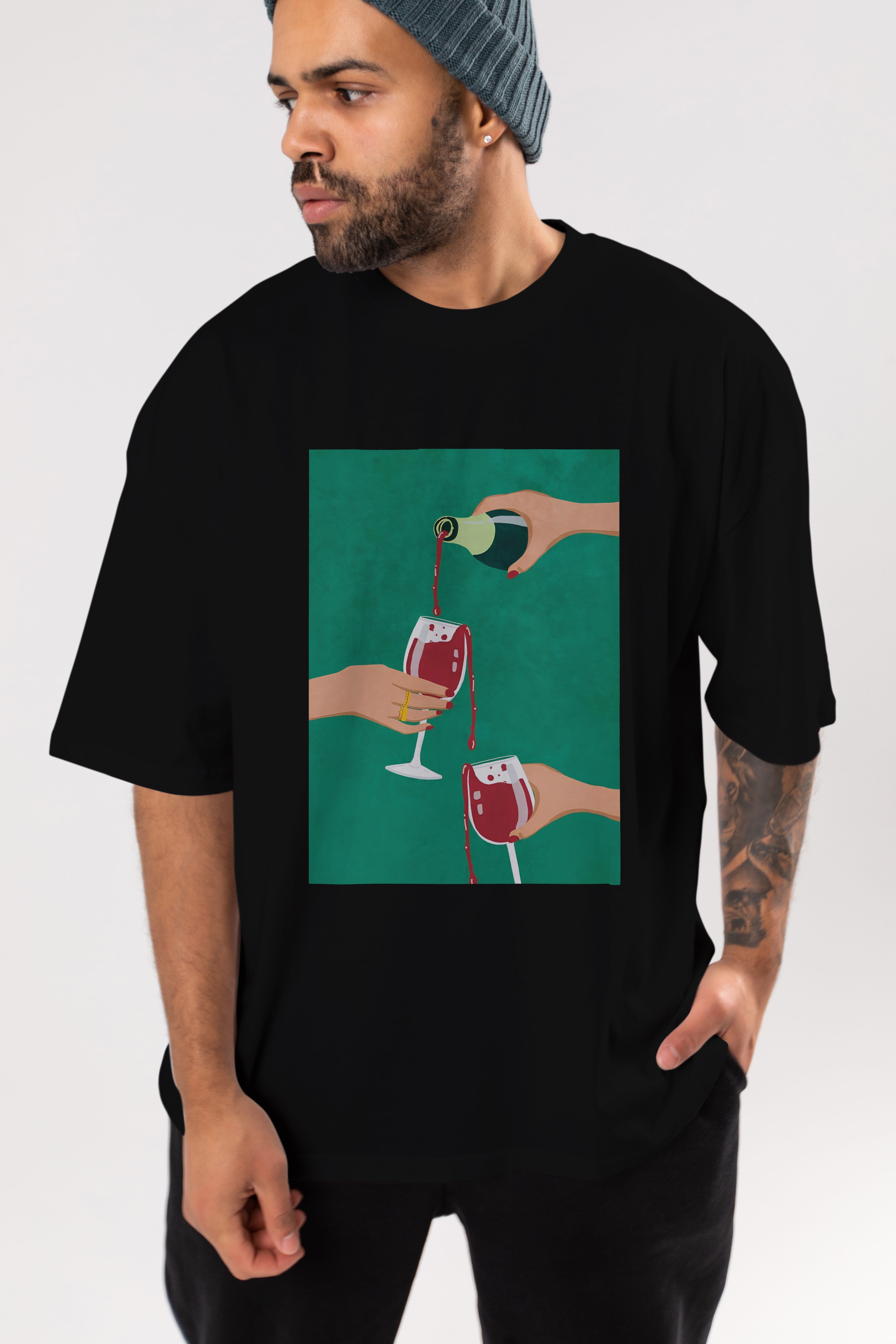 Wine 2 Ön Baskılı Oversize t-shirt Erkek Kadın Unisex %100 Pamuk Bisiklet Yaka tişort