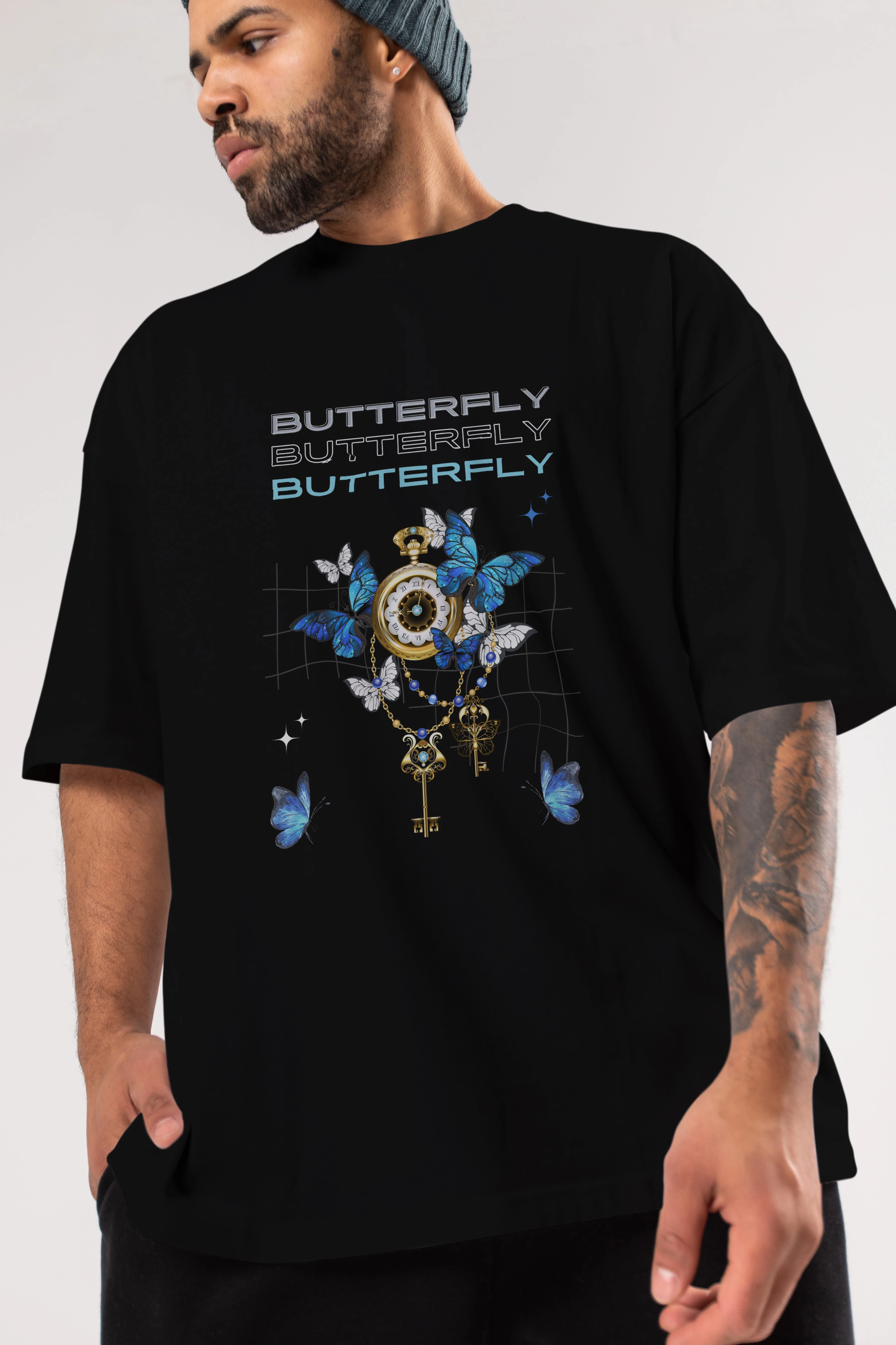 Butterfly Yazılı Ön Baskılı Oversize t-shirt Erkek Kadın Unisex