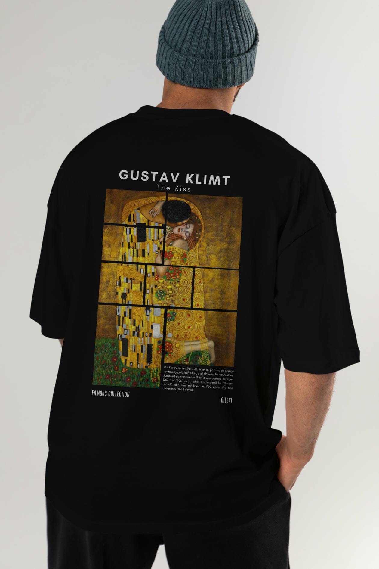 Gustav Klimt The Kiss Arka Baskılı Oversize t-shirt Erkek Kadın Bisiklet Yaka Pamuk tişort
