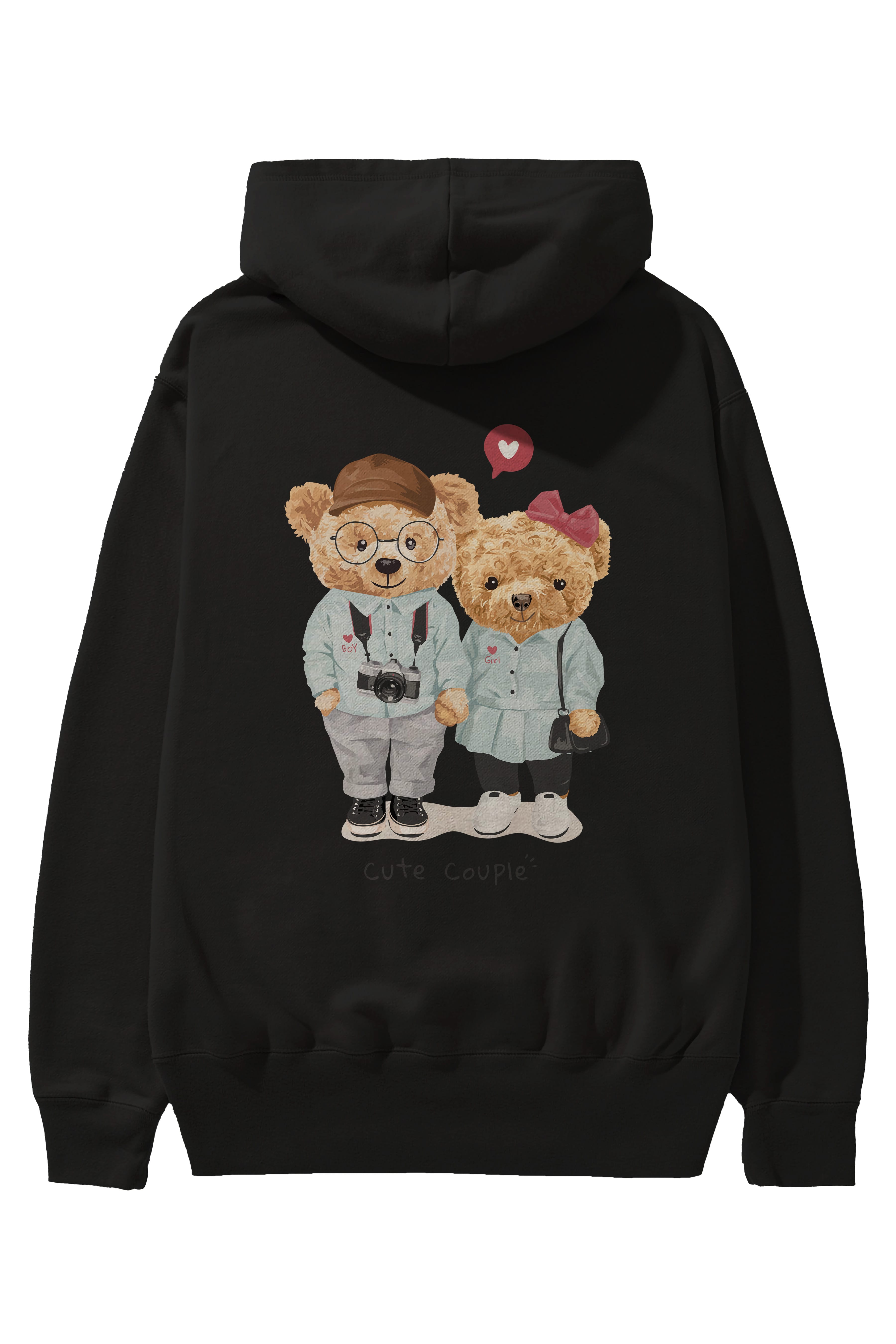 Teddy Bear Cute Couple Arka Baskılı Hoodie Oversize Kapüşonlu Sweatshirt Erkek Kadın Unisex