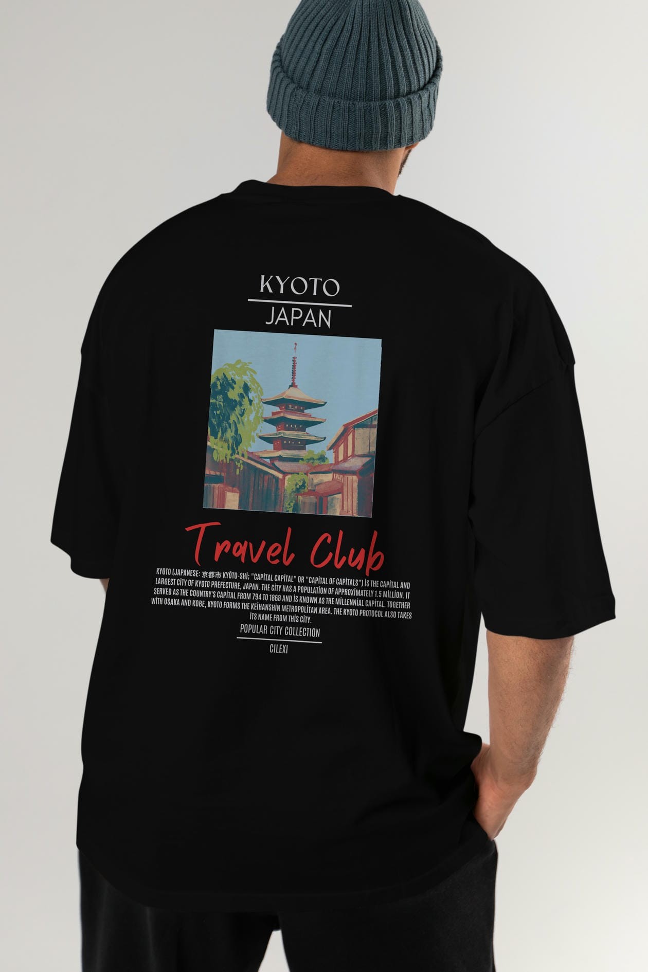 Kyoto Japan Arka Baskılı Oversize t-shirt Erkek Kadın Pamuk Bisiklet Yaka tişort