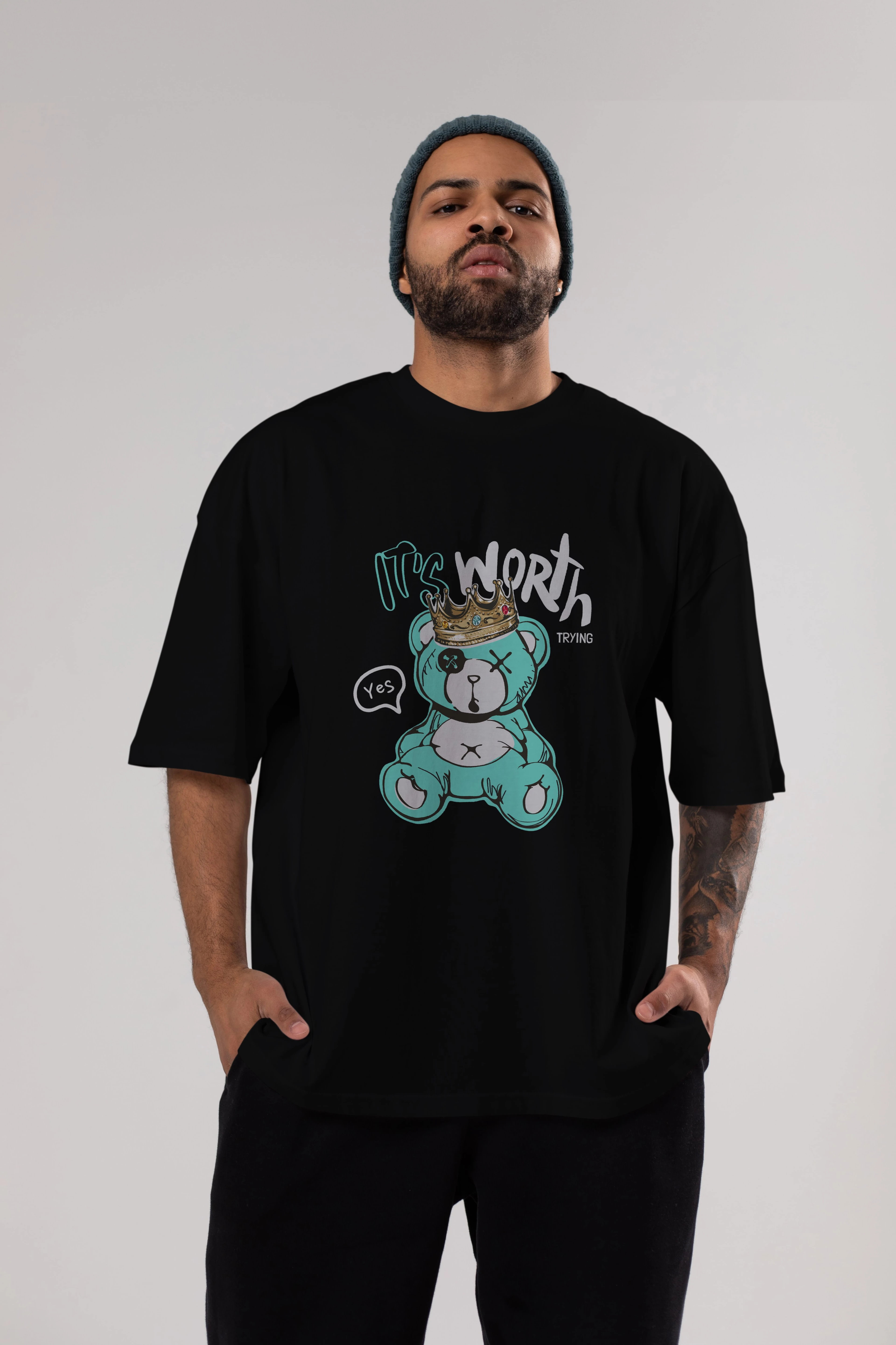 its Worth Trying Bear Ön Baskılı Oversize t-shirt Erkek Kadın Unisex