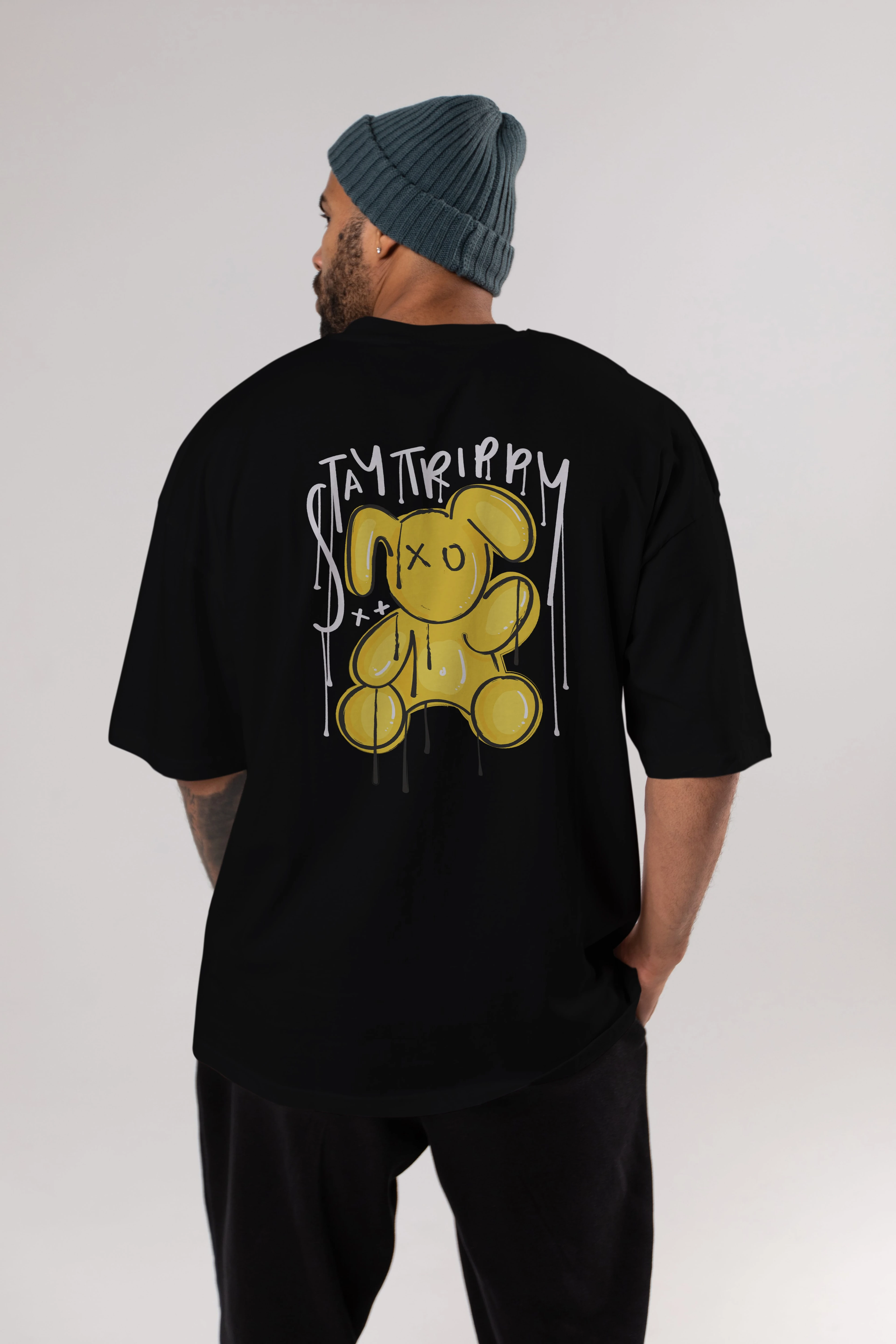 Stay Trippy Bear Arka Baskılı Oversize t-shirt Erkek Kadın Unisex