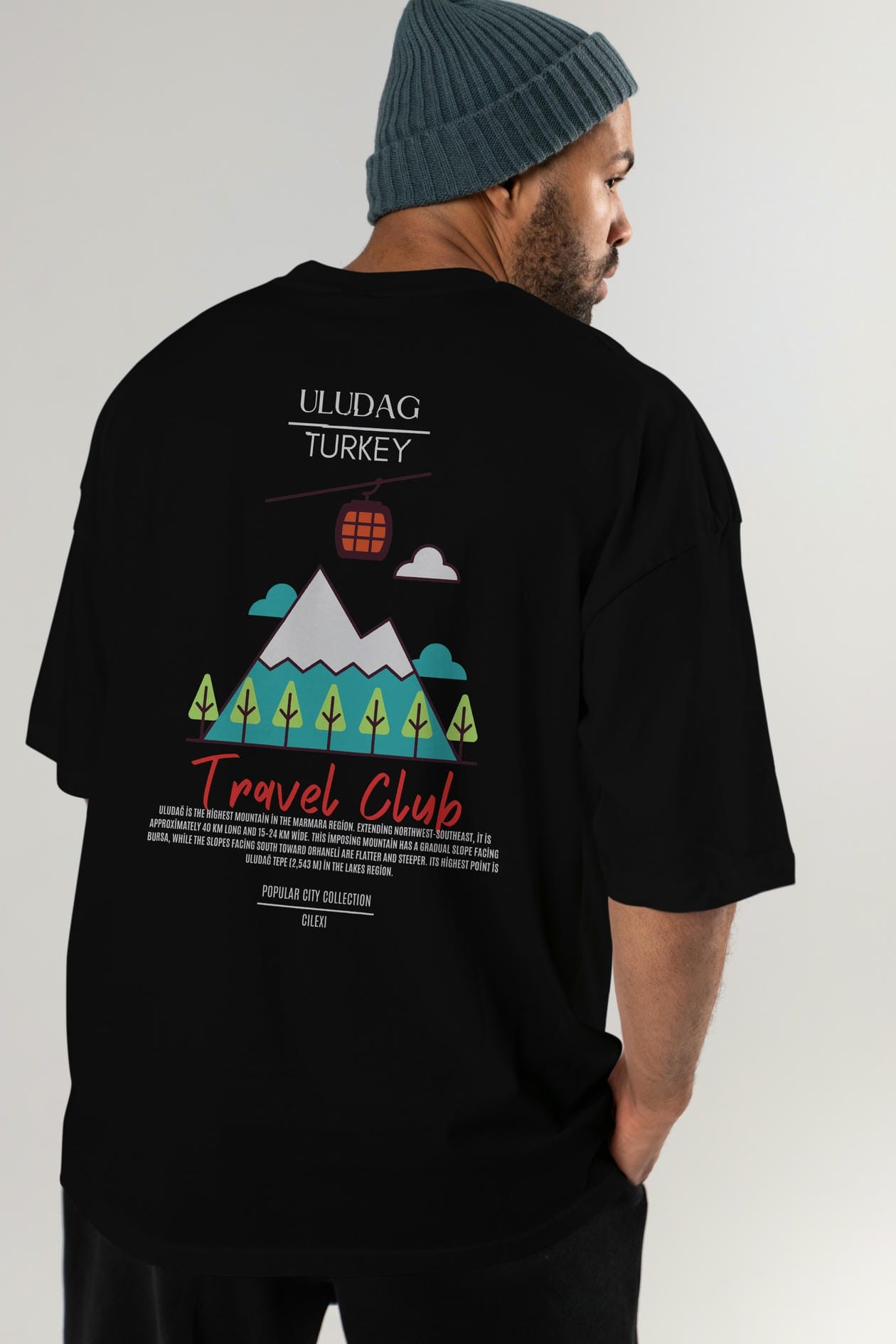 Uludağ Turkey Arka Baskılı Oversize t-shirt Erkek Kadın Pamuk Bisiklet Yaka tişort