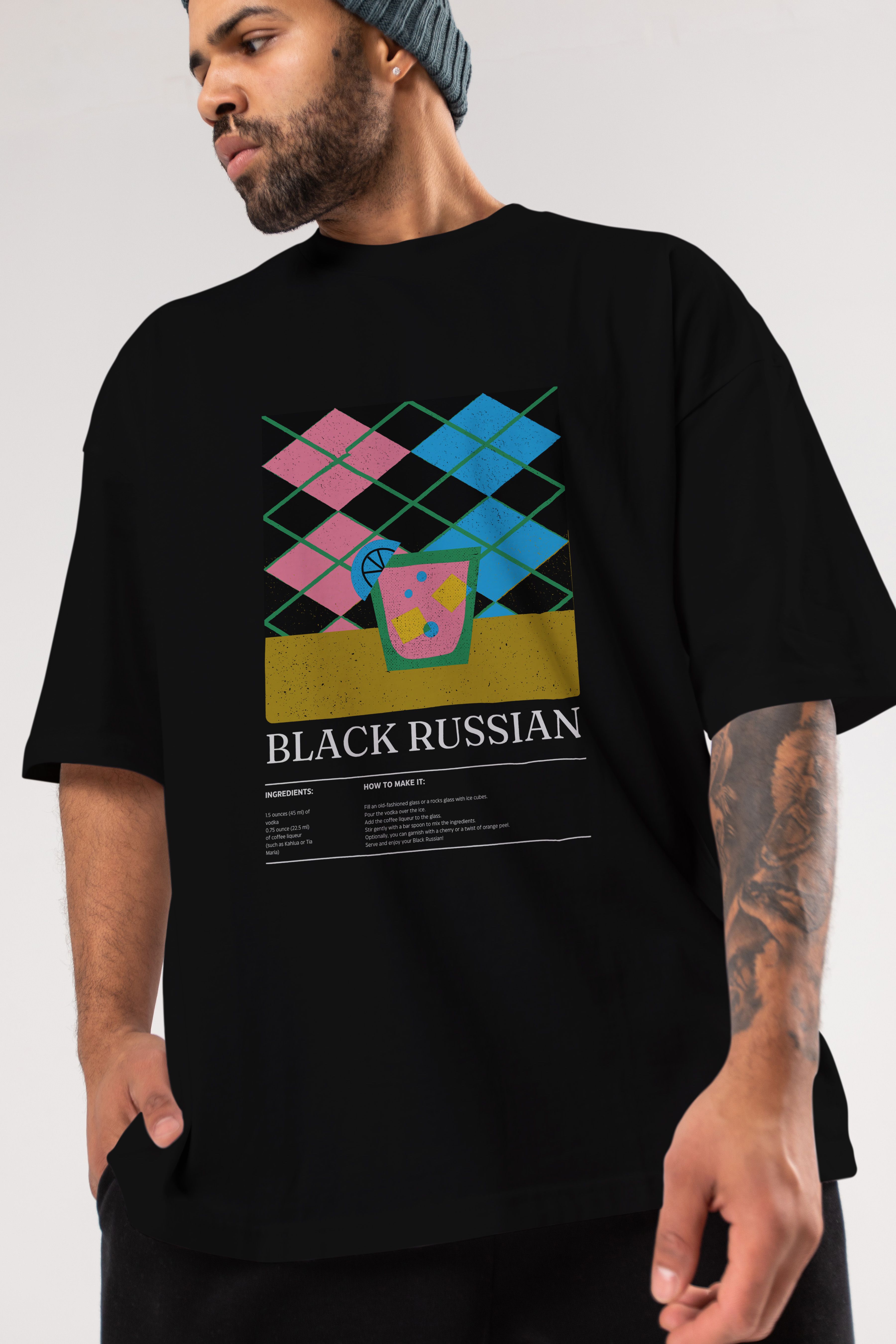 Black Russian Kokteyl Ön Baskılı Oversize t-shirt Erkek Kadın %100 Pamuk Bisiklet Yaka tişort