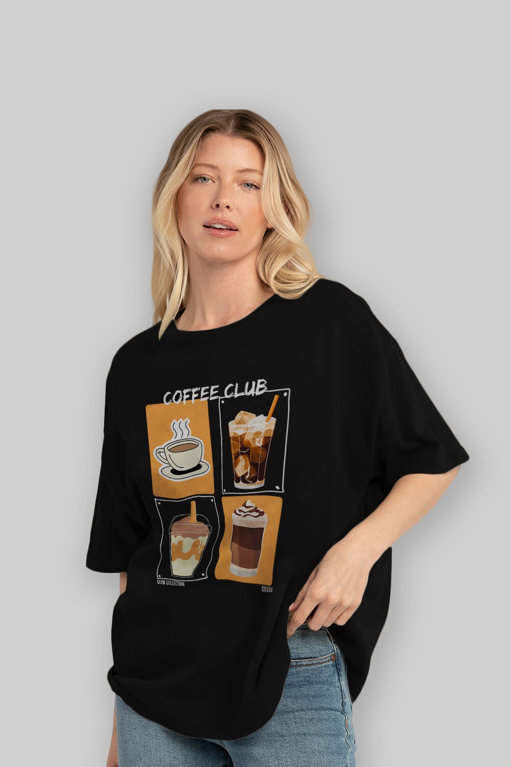 Coffee Club ön Baskılı Oversize t-shirt Erkek Kadın %100 Pamuk Bisiklet Yaka tişort