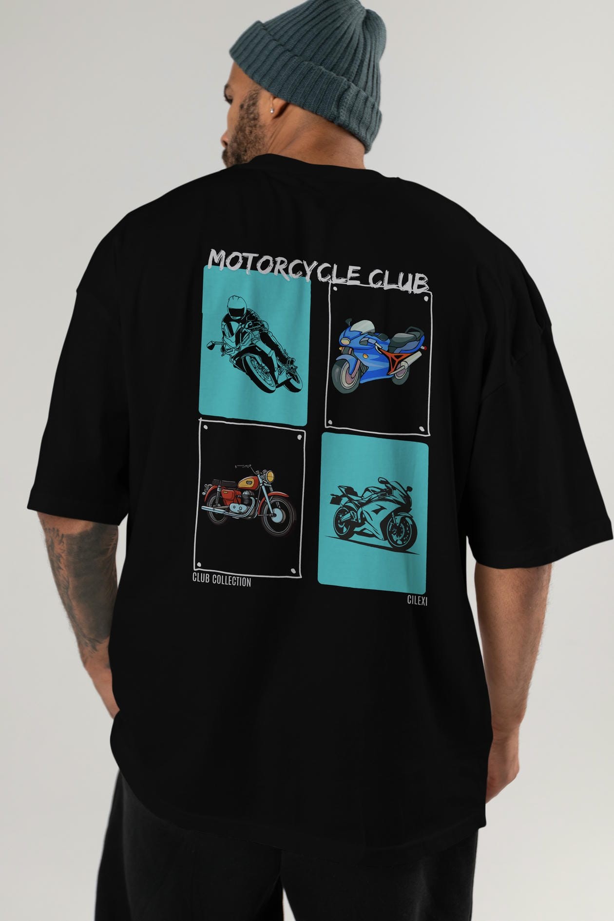 Motorcycle Club Arka Baskılı Oversize t-shirt Erkek Kadın %100 Pamuk Bisiklet Yaka tişort