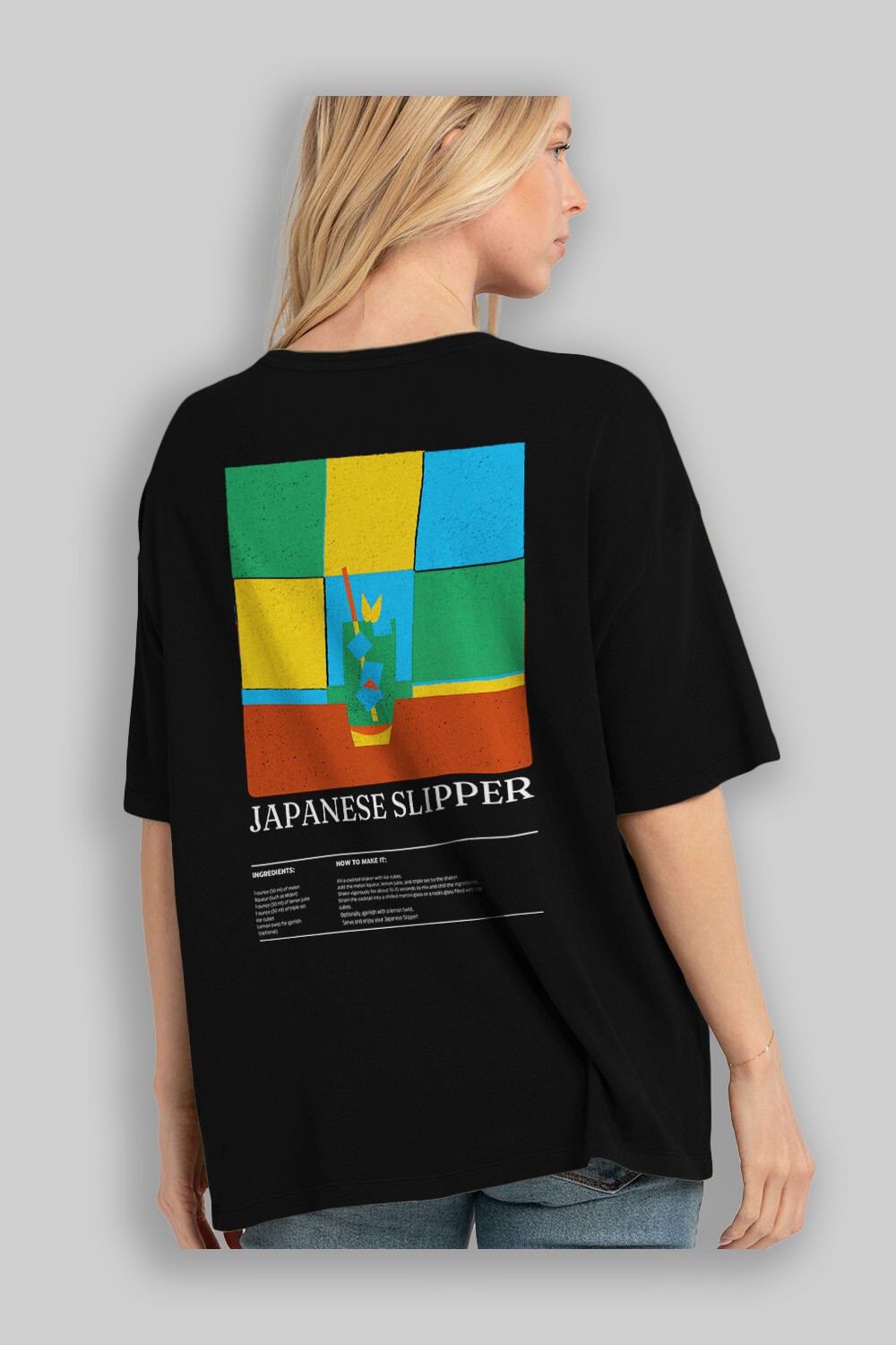 Japanese Slipper Kokteyl Serisi Arka Baskılı Oversize t-shirt Erkek Kadın %100 Pamuk Bisiklet Yaka tişort