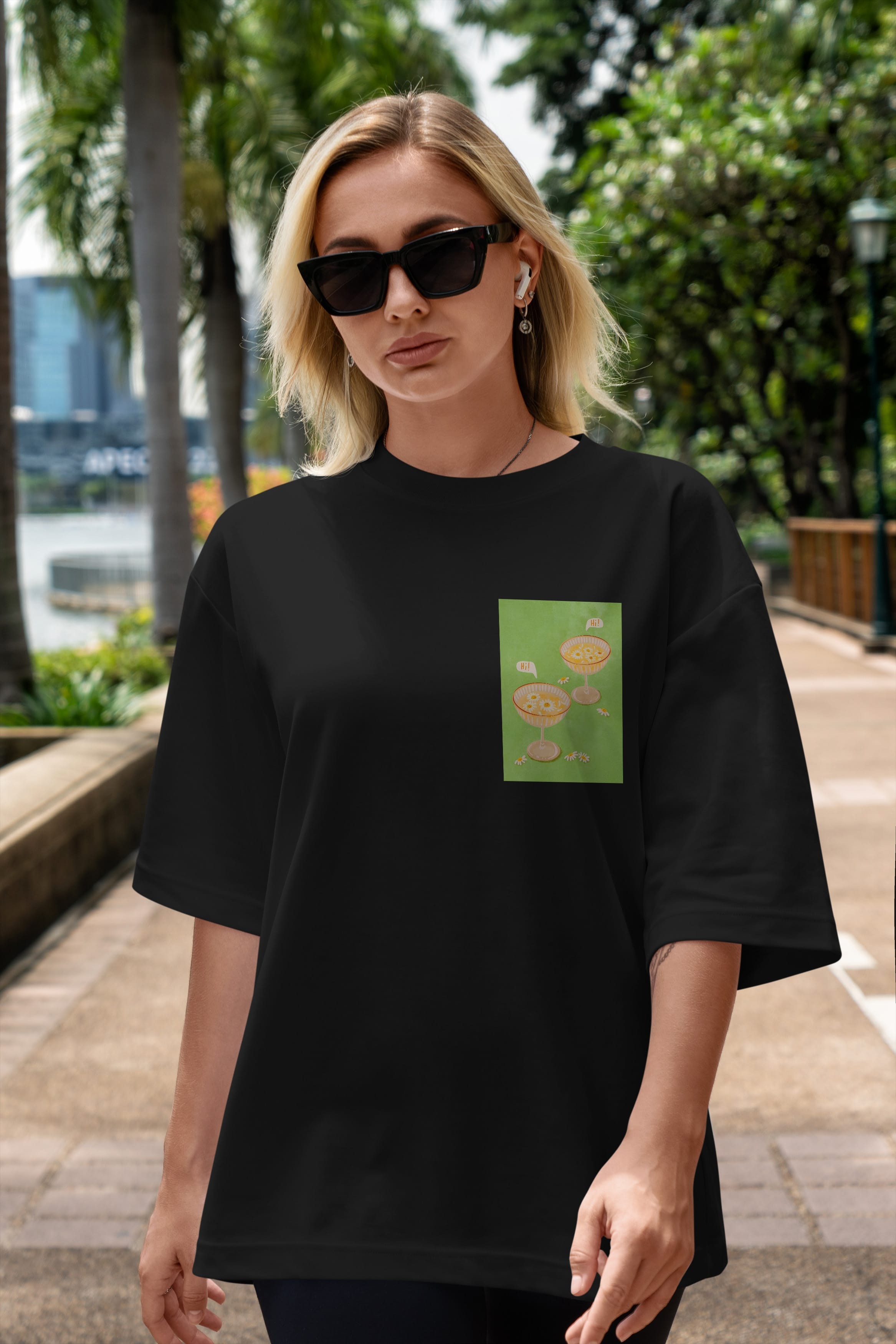 Hi Cheers Ön Sol Baskılı Oversize t-shirt Erkek Kadın Unisex %100 Pamuk Bisiklet Yaka tişort