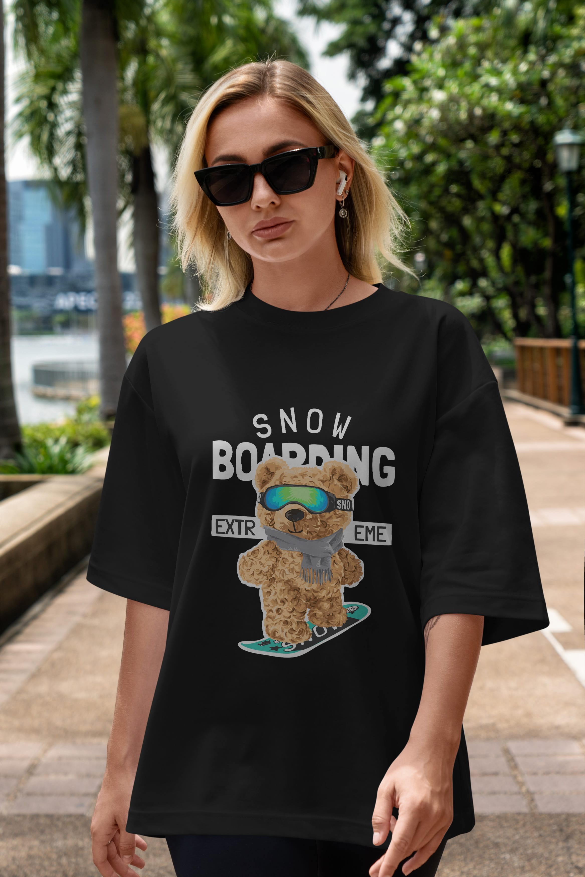 Teddy Bear Snow Boarding Ön Baskılı Oversize t-shirt Erkek Kadın Unisex %100 Pamuk