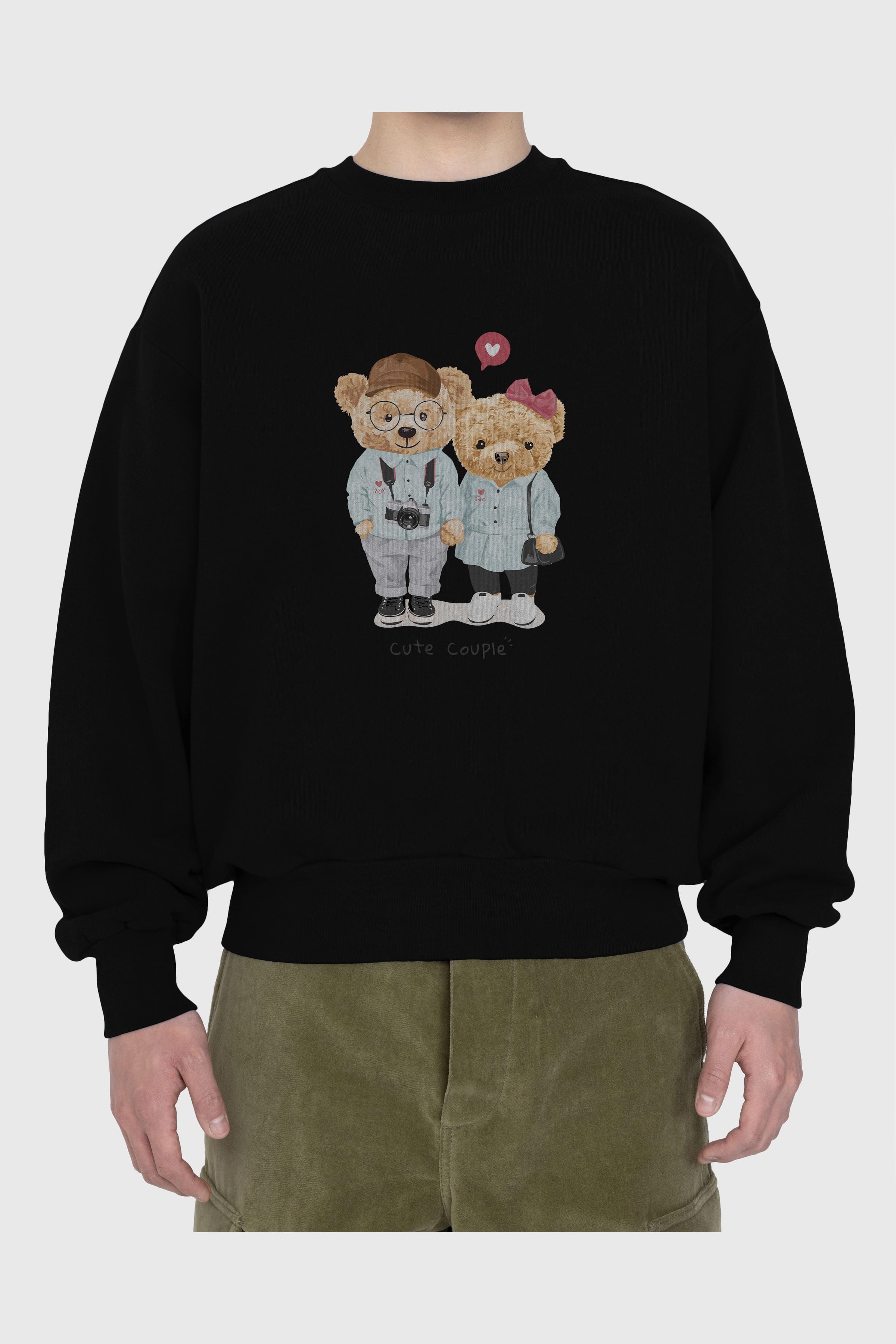 Teddy Bear Cute Couple Ön Baskılı Oversize Sweatshirt Erkek Kadın Unisex