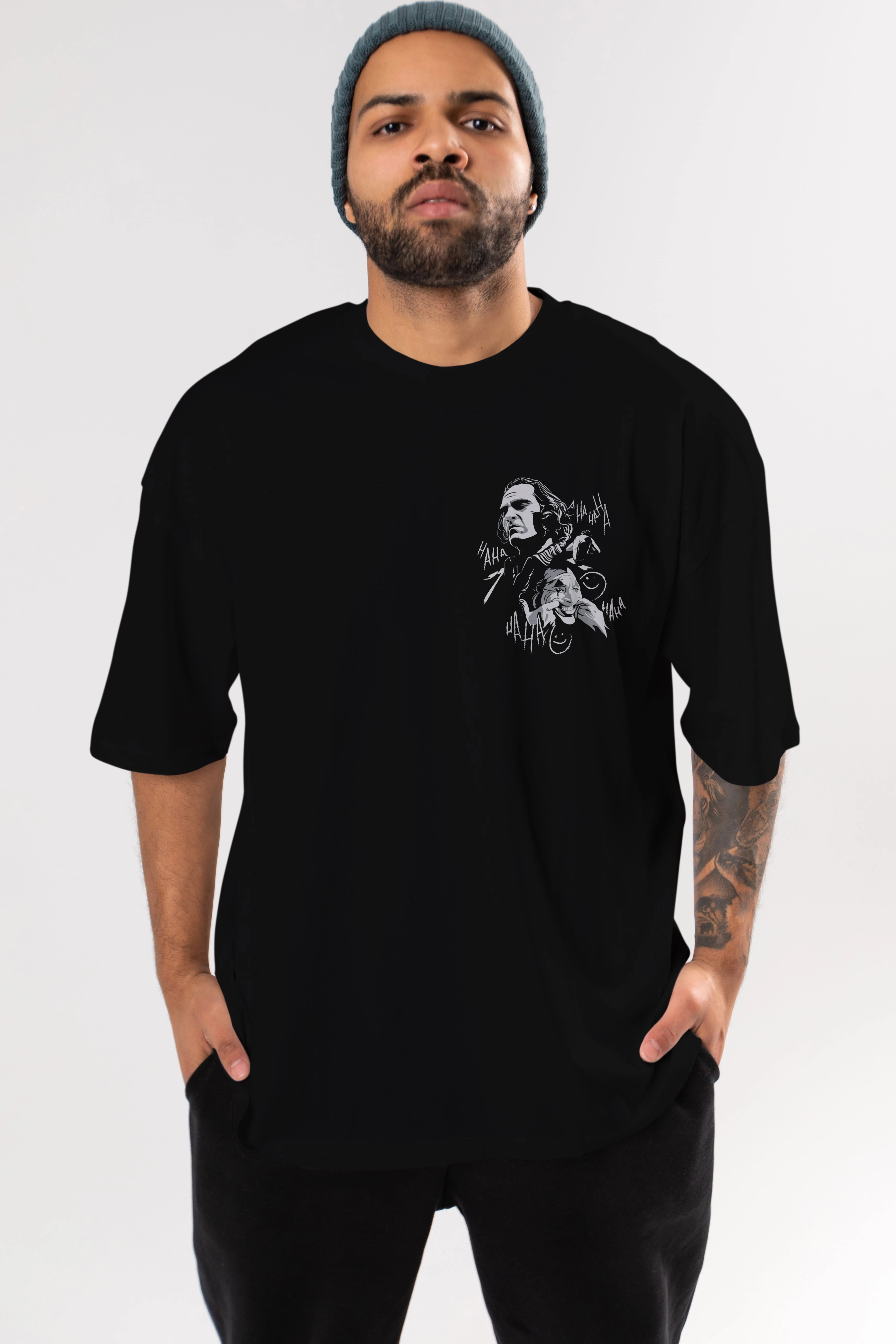 Joker 2 Ön Sol Baskılı Oversize t-shirt Erkek Kadın Unisex %100 Pamuk Bisiklet Yaka tişort