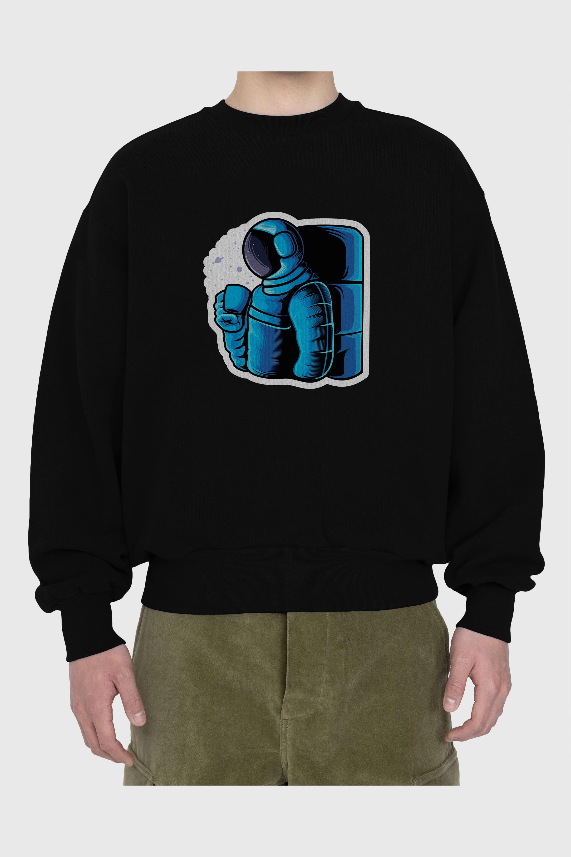 Drinking coffee in space sticker Ön Baskılı Oversize Sweatshirt Erkek Kadın Unisex