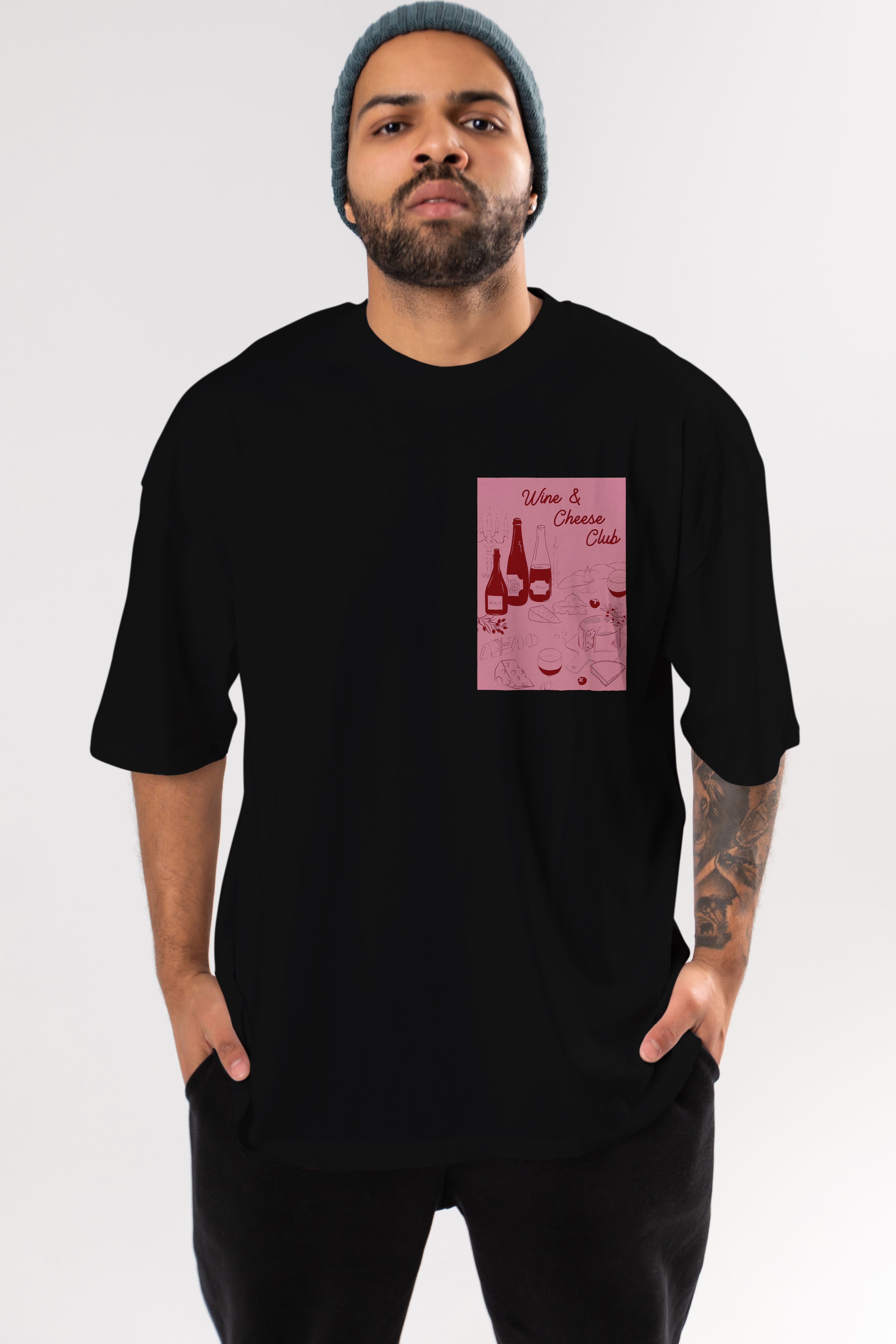 Wine Cheese Club Ön Sol Baskılı Oversize t-shirt Erkek Kadın Unisex %100 Pamuk Bisiklet Yaka tişort